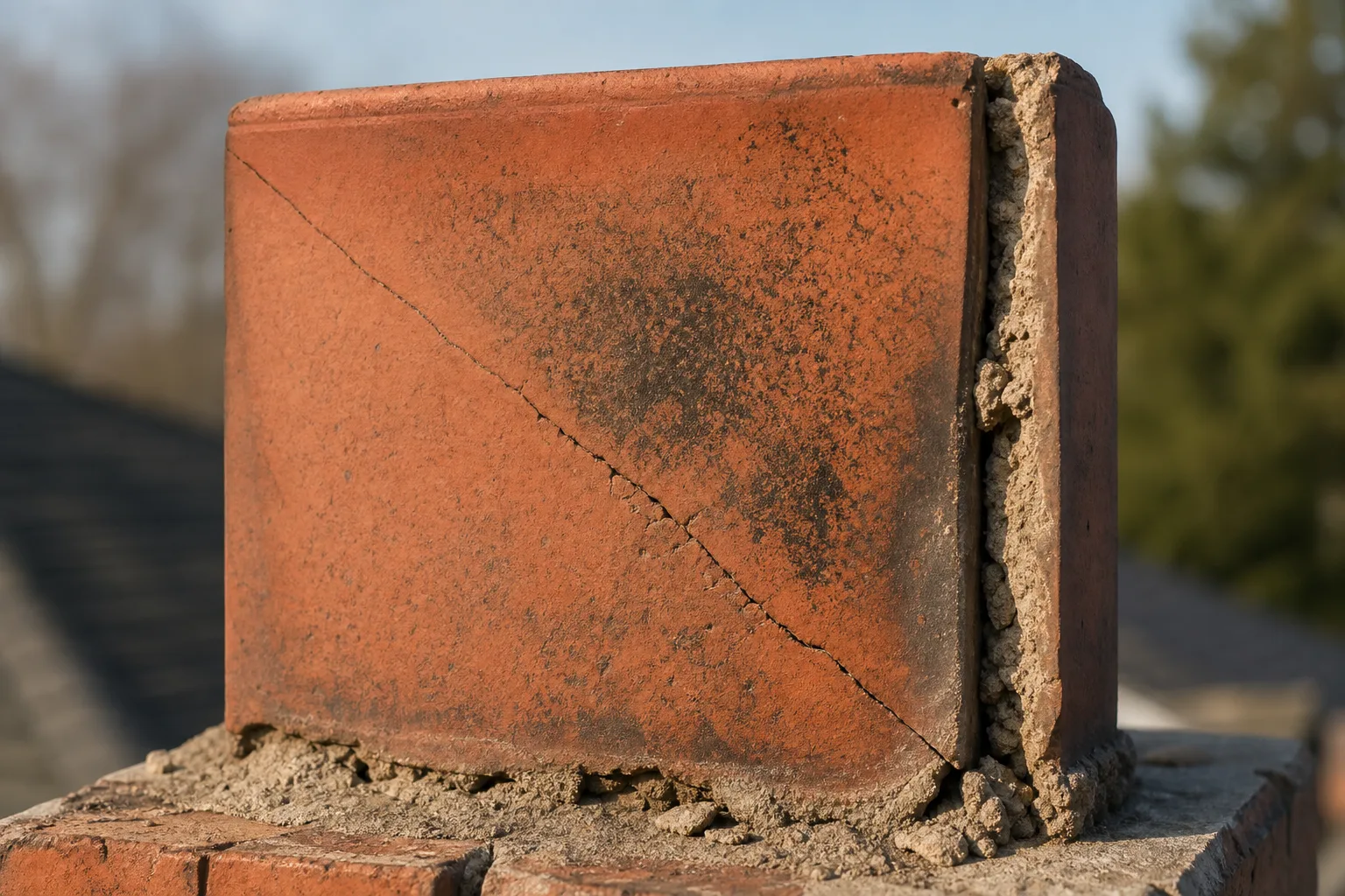 Chimney flue repair candidate: a cracked clay flue tile with a washed-out mortar joint