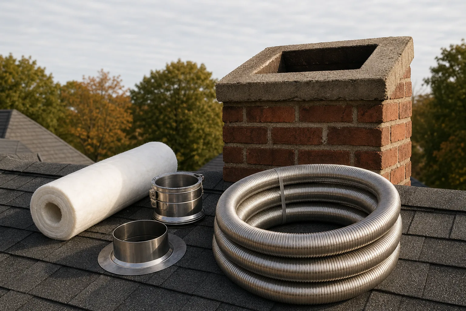 Chimney flue repair by relining: a stainless steel chimney liner staged beside an open flue