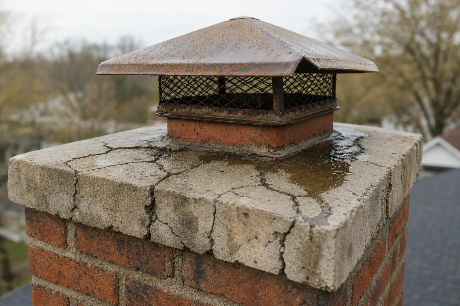Chimney flue repair often starts above the flue at a cracked chimney crown holding water