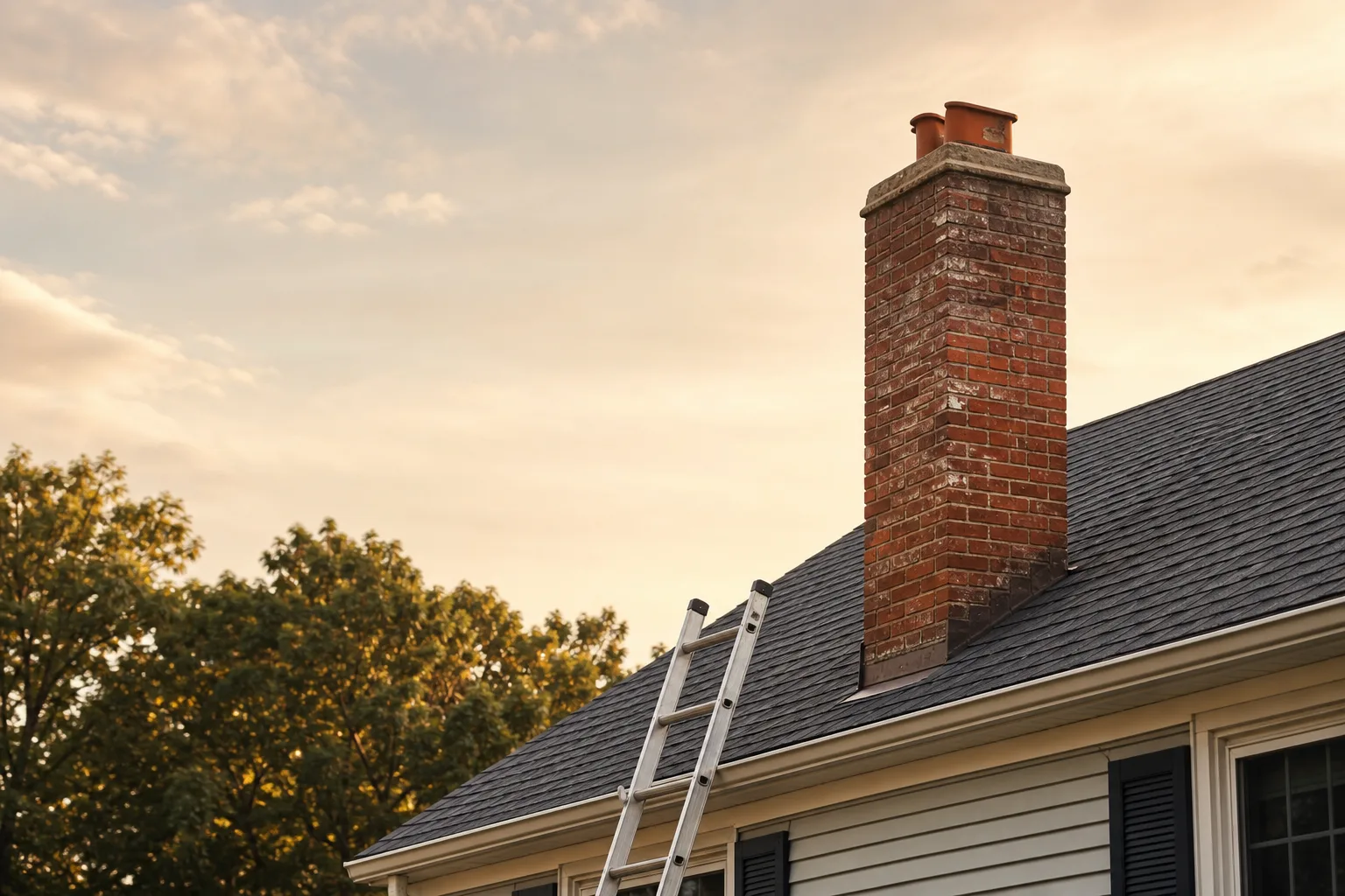 Chimney flue repair begins on the roof at a weathered brick chimney stack