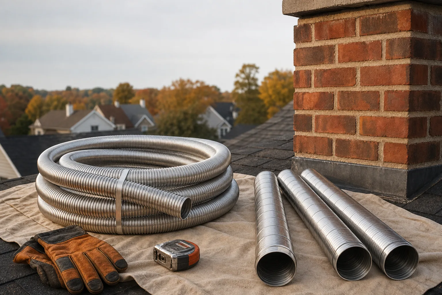Stainless steel chimney liner in both forms: a flexible coil and rigid sections laid out beside a chimney