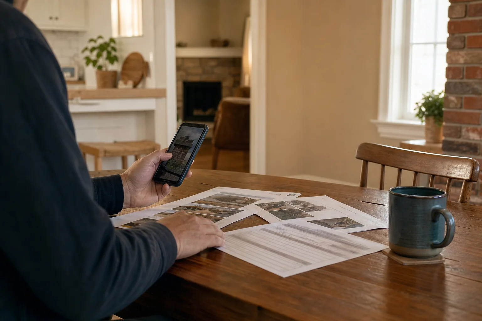 Stainless steel chimney liner quote being reviewed at a kitchen table alongside an inspection report