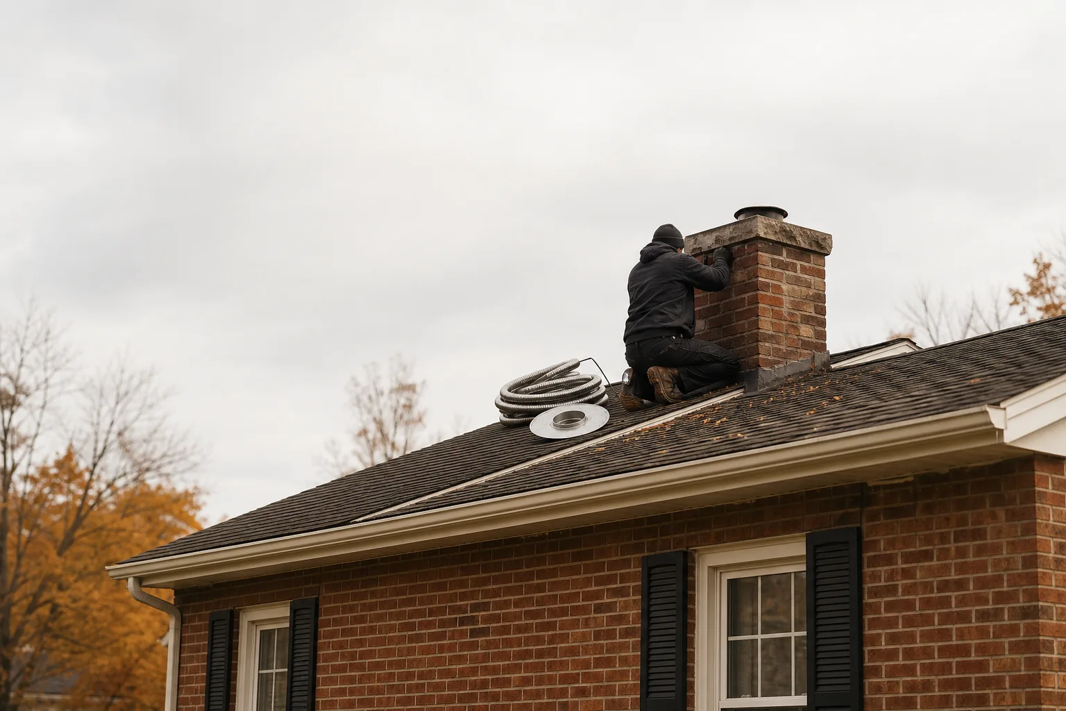 Stainless steel chimney liner coil and top plate on a roof beside a brick masonry chimney