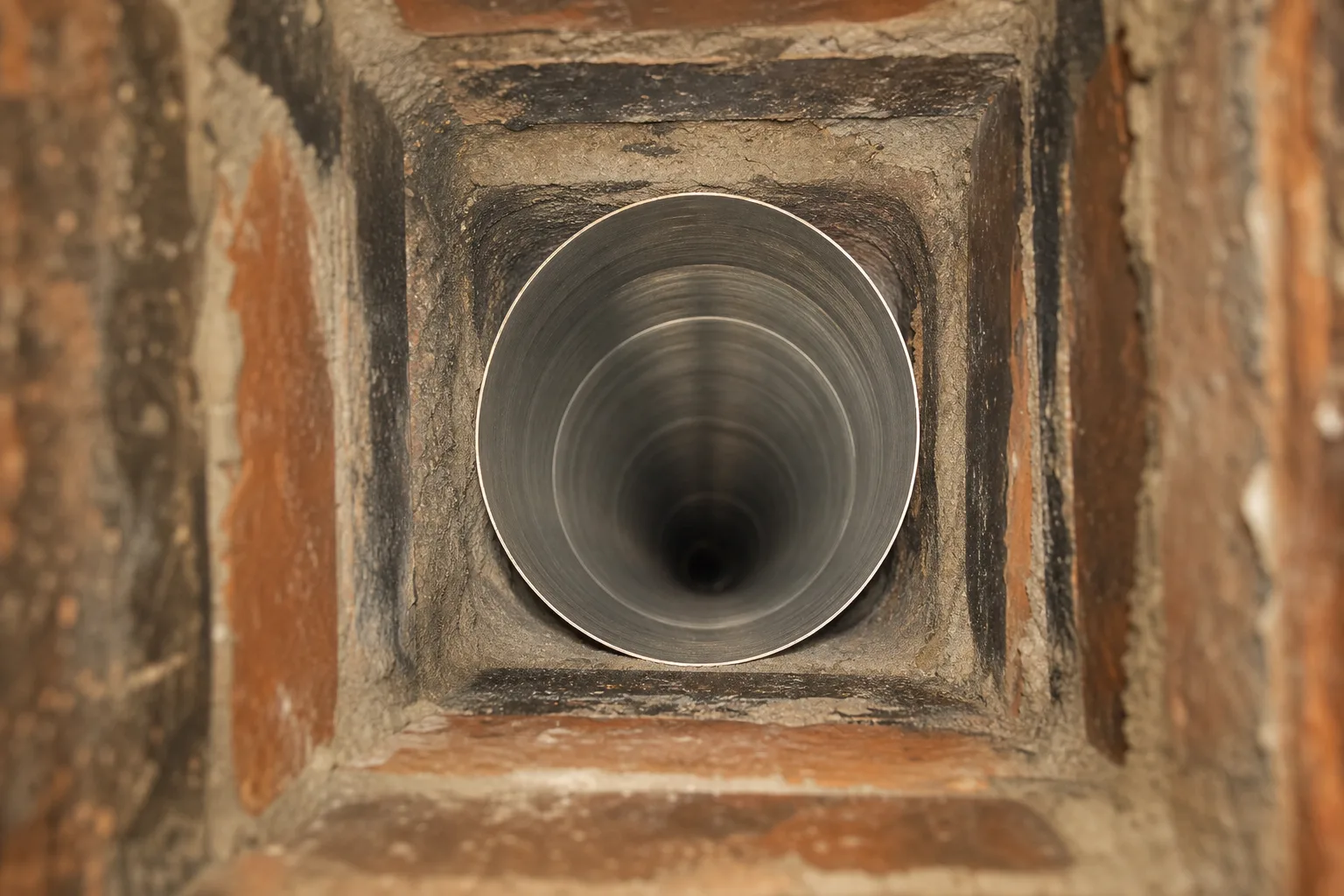 Stainless steel chimney liner in place: the same flue in typical sound condition after relining