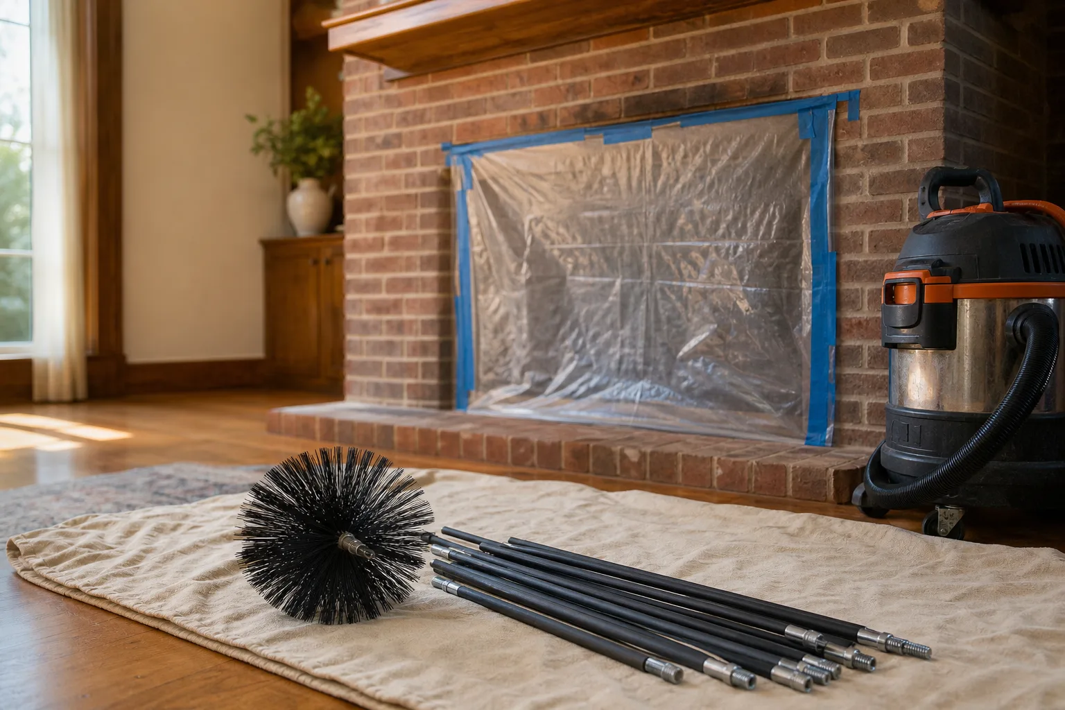 How to clean a chimney: brush, rods and a fireplace opening sealed with plastic sheeting