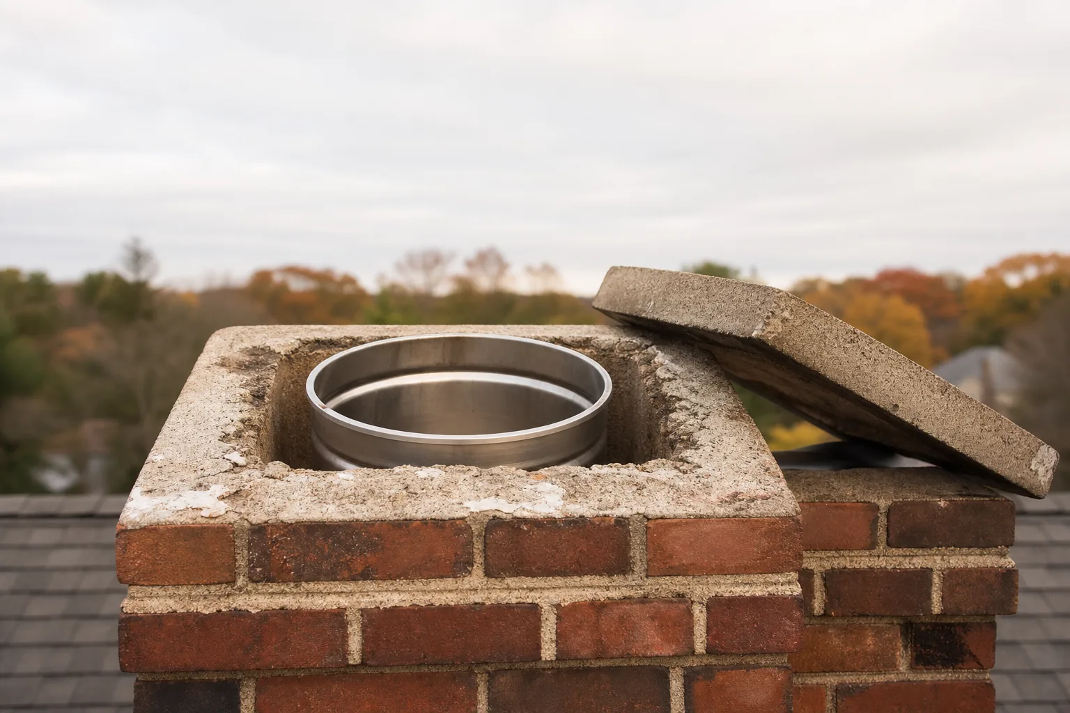 How to clean a chimney: a stainless steel liner visible inside a masonry chimney from the roof