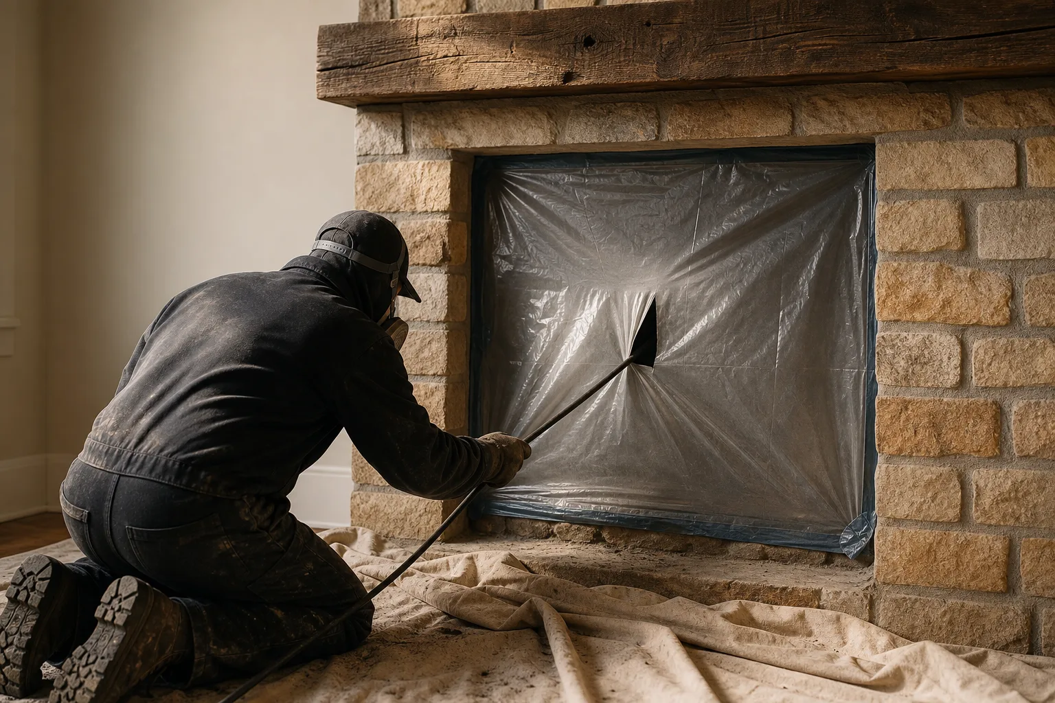 How to clean a chimney: sweeping from the firebox through a sealed fireplace opening