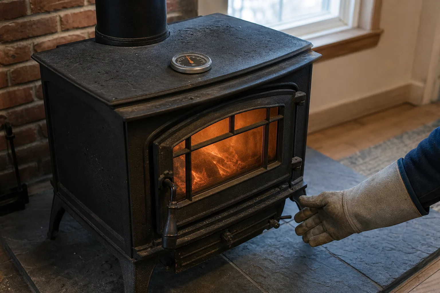 Fireplace gloves reaching toward the air control on a wood stove with a stove-top thermometer