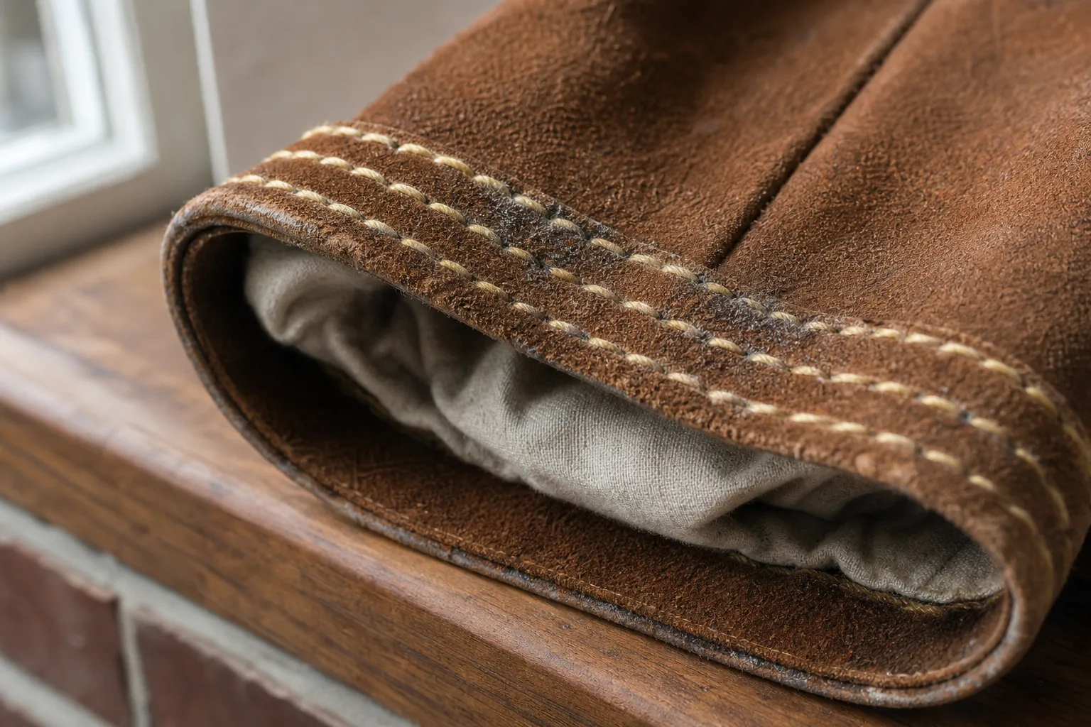Fireplace gloves close-up showing the aramid stitching along the leather cuff seam