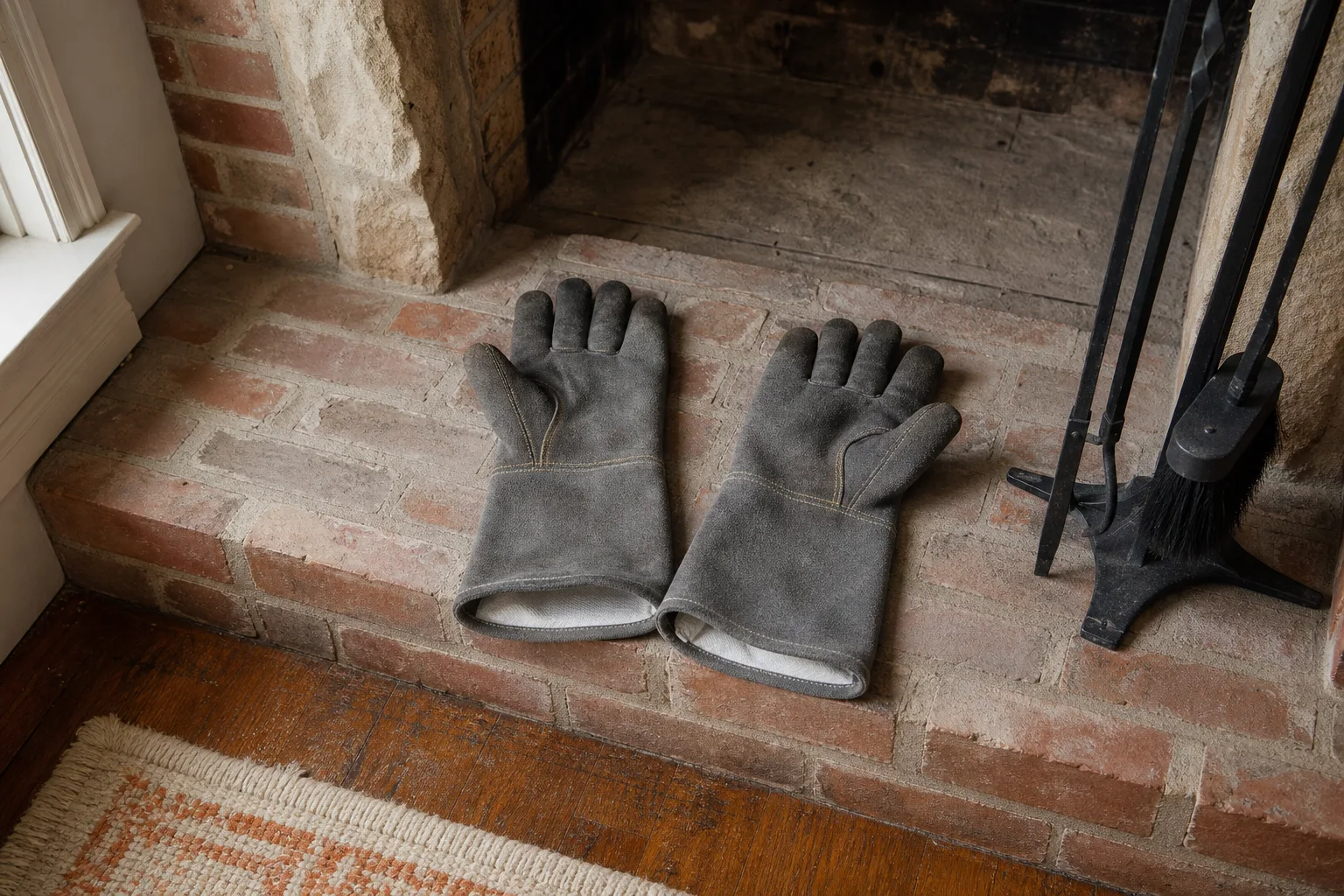 Fireplace gloves in sound condition with intact seams laid on a brick hearth