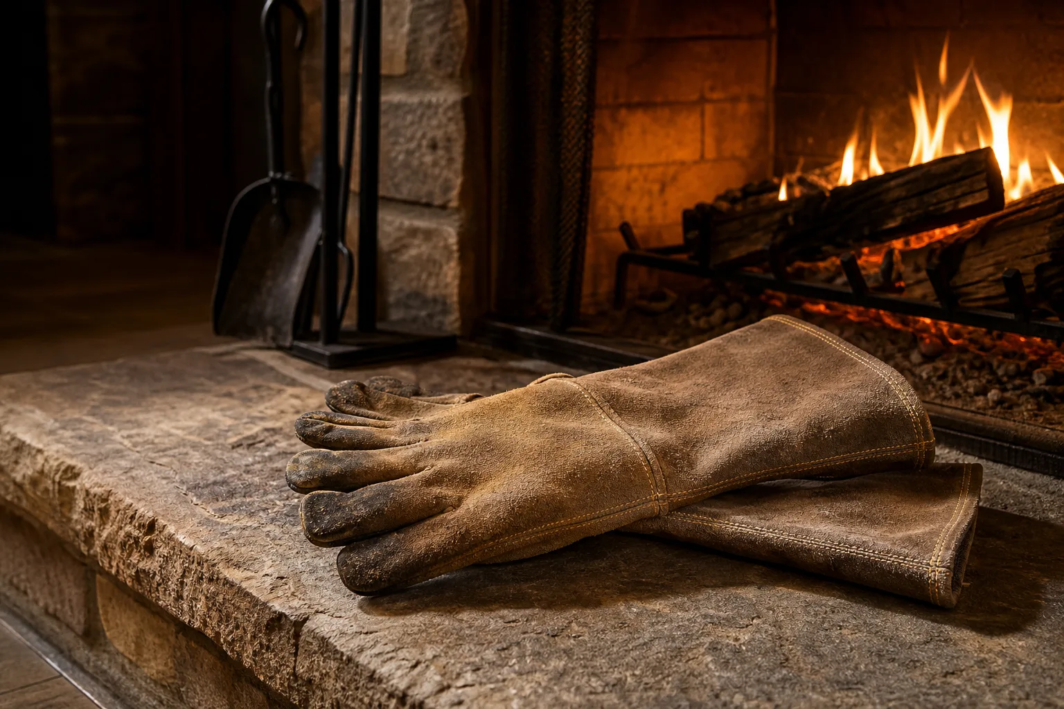 Fireplace gloves, worn tan suede gauntlets, resting on a stone hearth in front of a burning fire