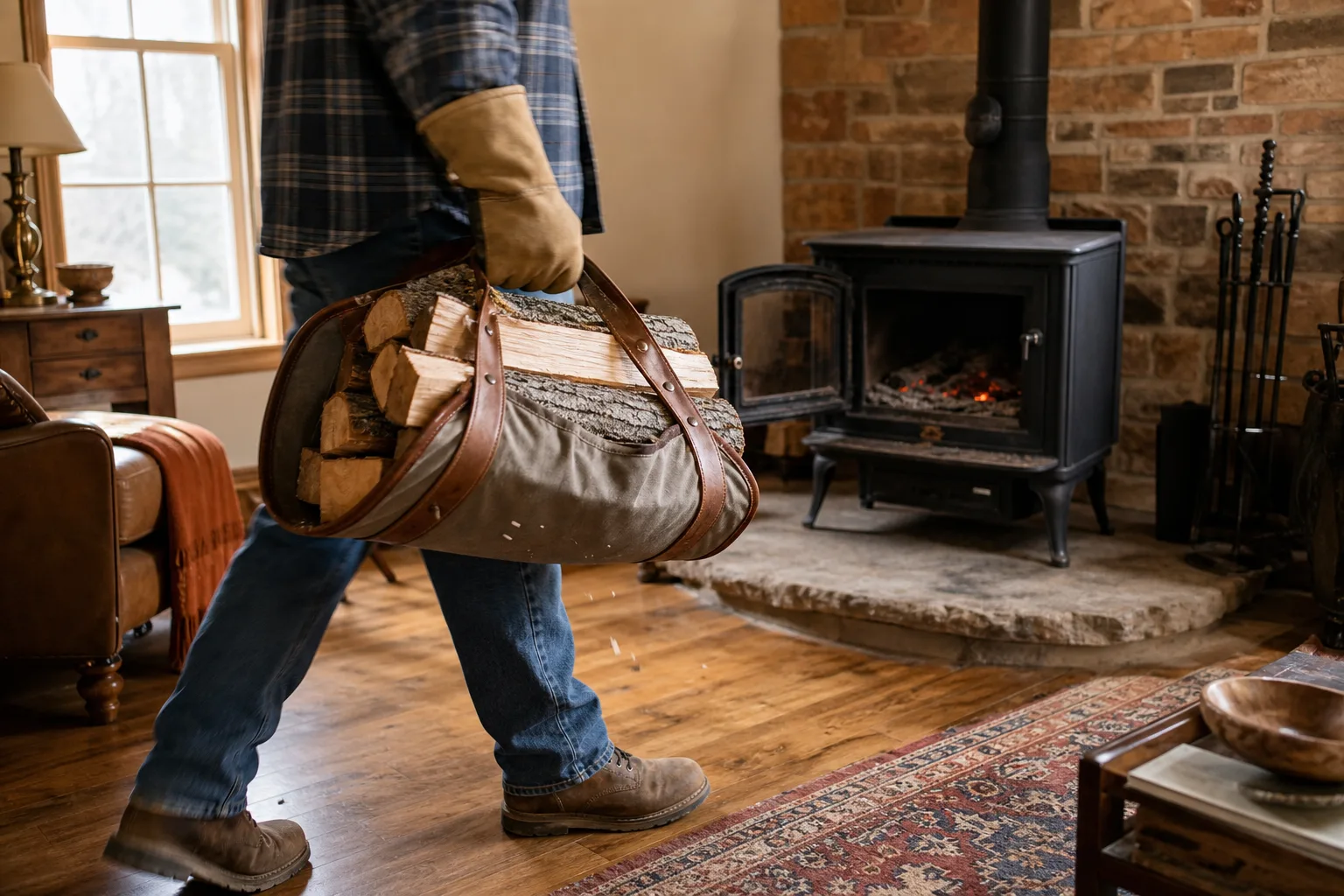 Fireplace gloves worn to carry split hardwood in a log carrier toward a wood stove