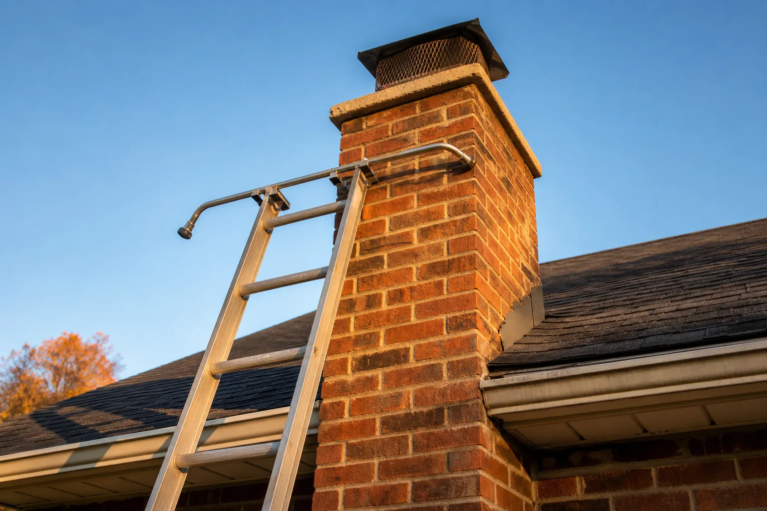 csia certified chimney sweep access: an extension ladder and stabilizer set beside a brick chimney at golden hour