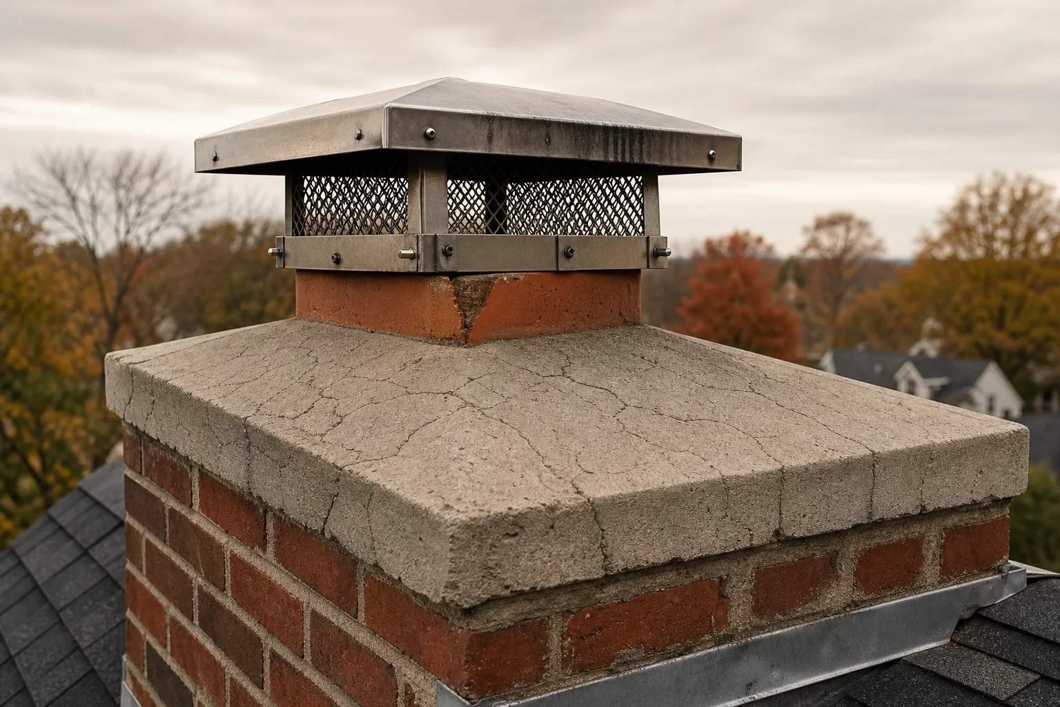 csia certified chimney sweep inspection detail: a cracked concrete crown, clay flue tile and stainless chimney cap