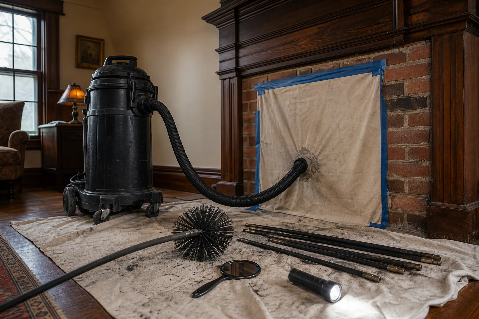 csia certified chimney sweep tools laid out at a hearth: poly brush, fiberglass rods and a sealed vacuum