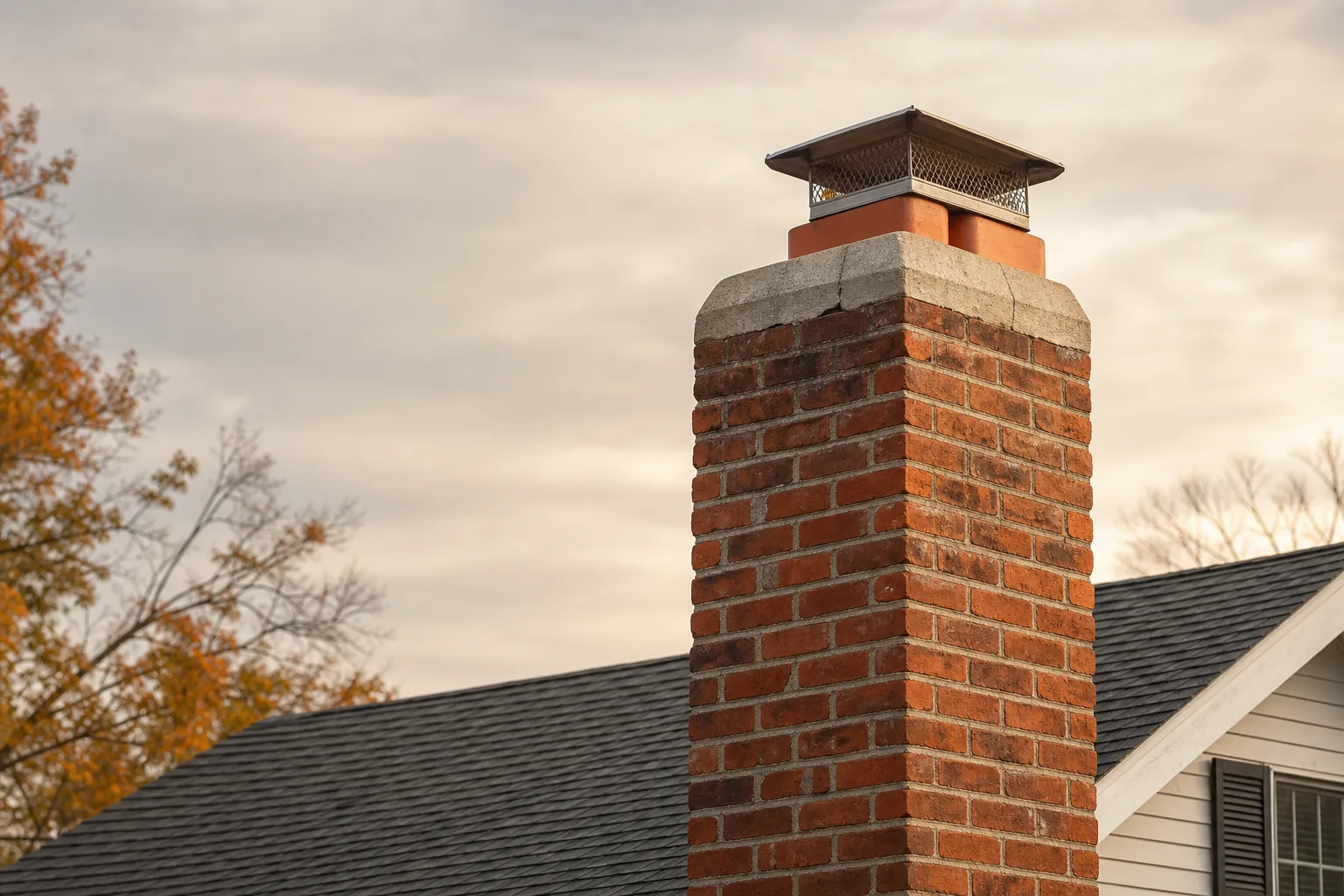 csia certified chimney sweep territory: a brick chimney stack with concrete crown and clay flue tiles on an American colonial roof