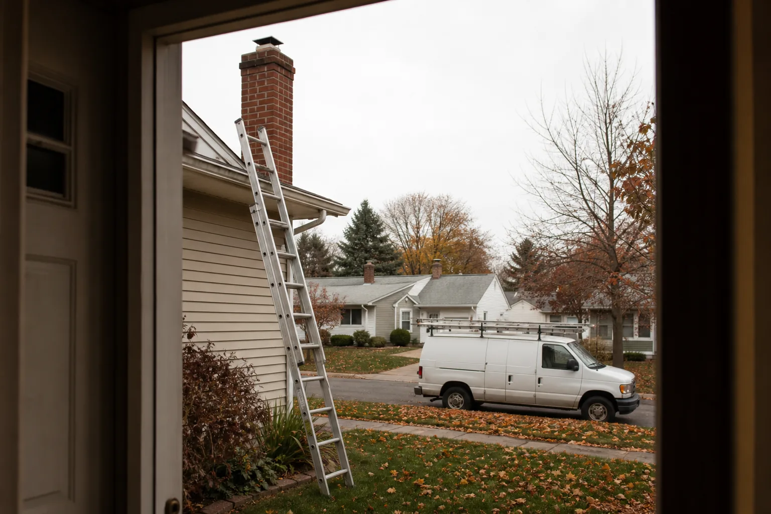 csia certified chimney sweep arriving: a work van and extension ladder at a suburban house with a brick chimney