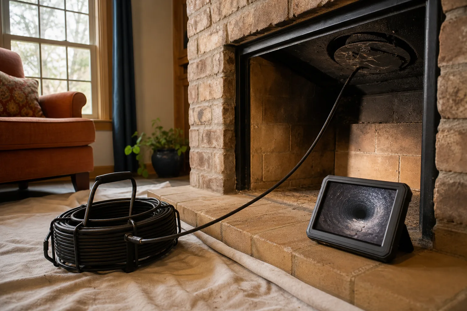 csia certified chimney sweep equipment: a flue camera reel and monitor set up at a firebrick firebox