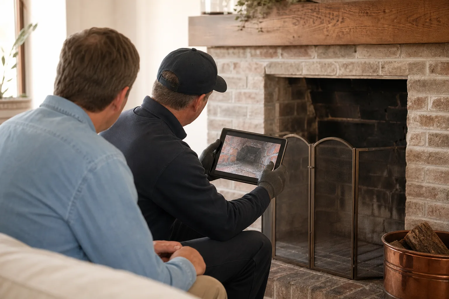 Homeowner discusses chimney inspection findings with a technician beside a fireplace