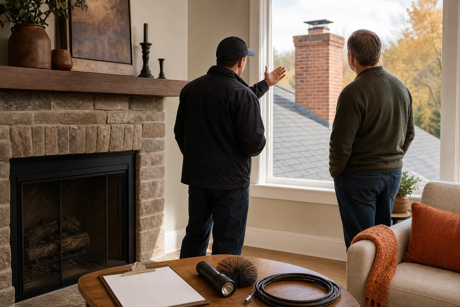 Homeowner asks a chimney technician questions beside a prepared hearth area