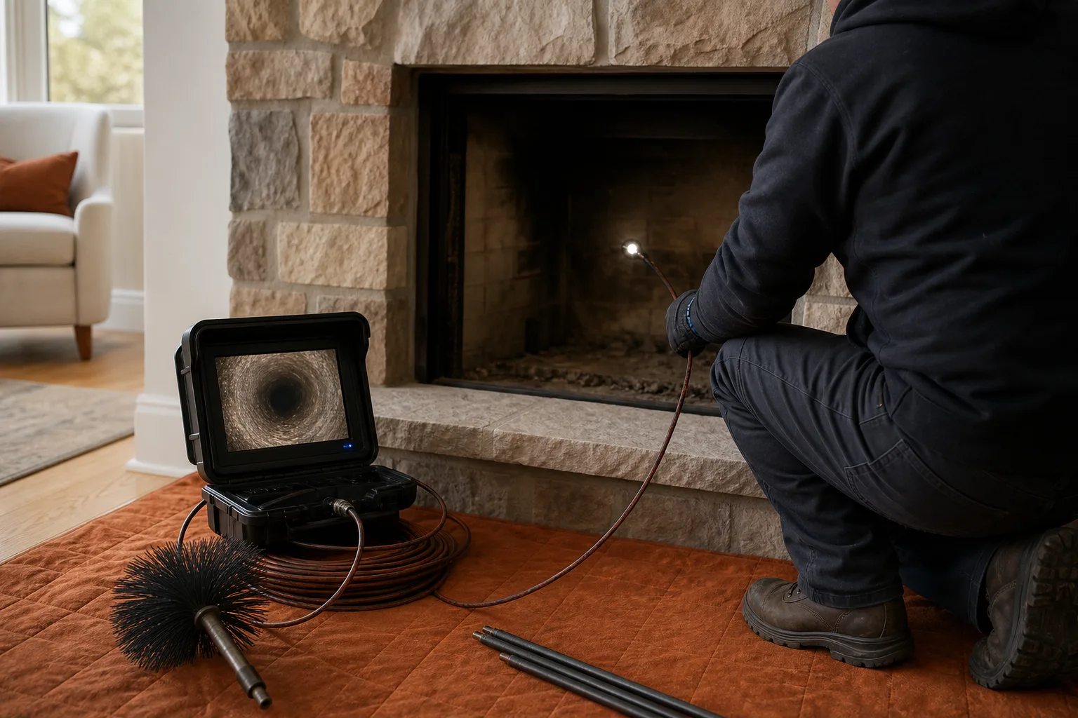 Chimney technician examines a flue liner with a camera and inspection light