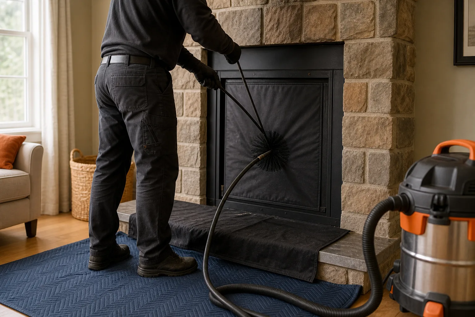 Technician sweeps a flue using dust control and protective floor coverings