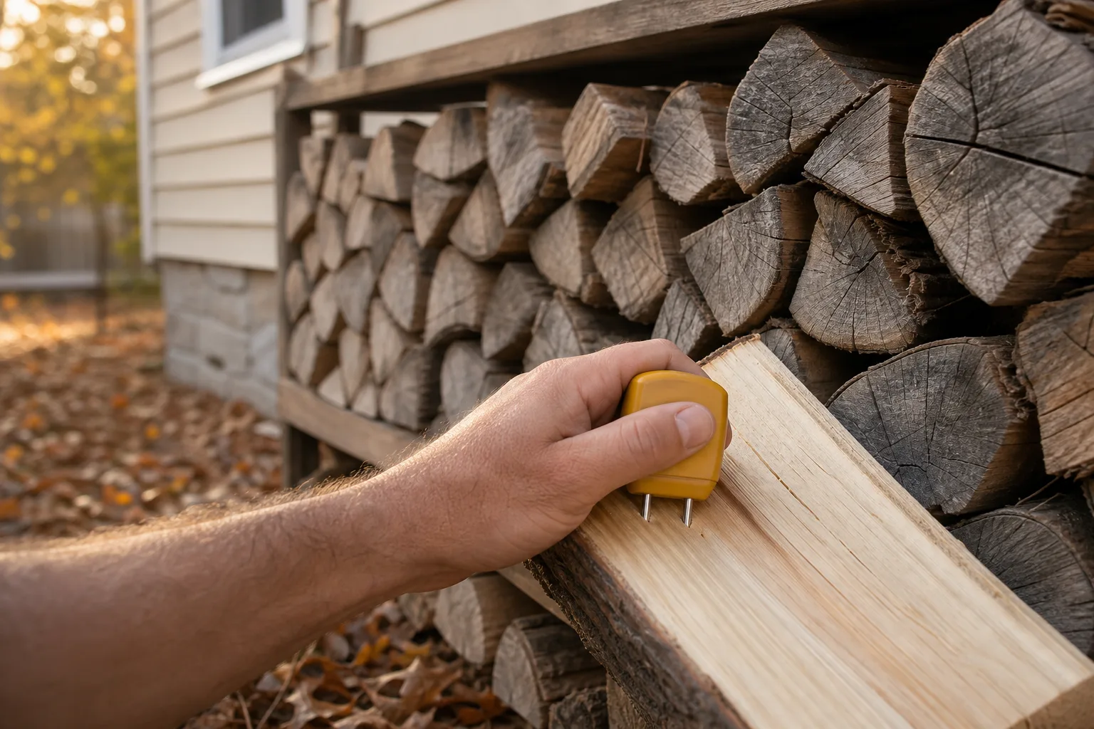 Fireplace safety tips for fuel: a moisture meter reading a freshly split face beside a stack of seasoned firewood