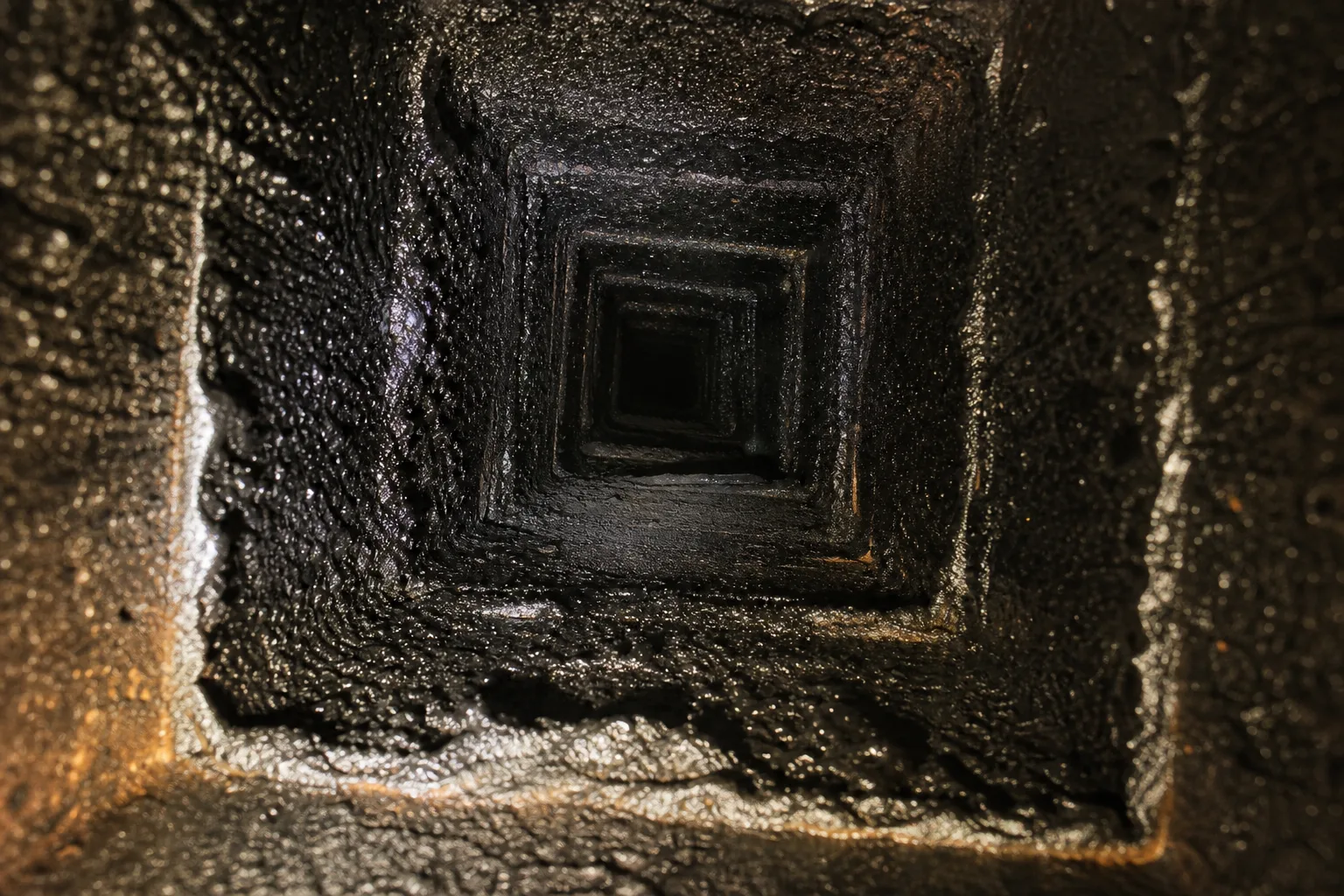 Fireplace safety tips and creosote: a clay flue tile interior coated in hard glazed black creosote before sweeping