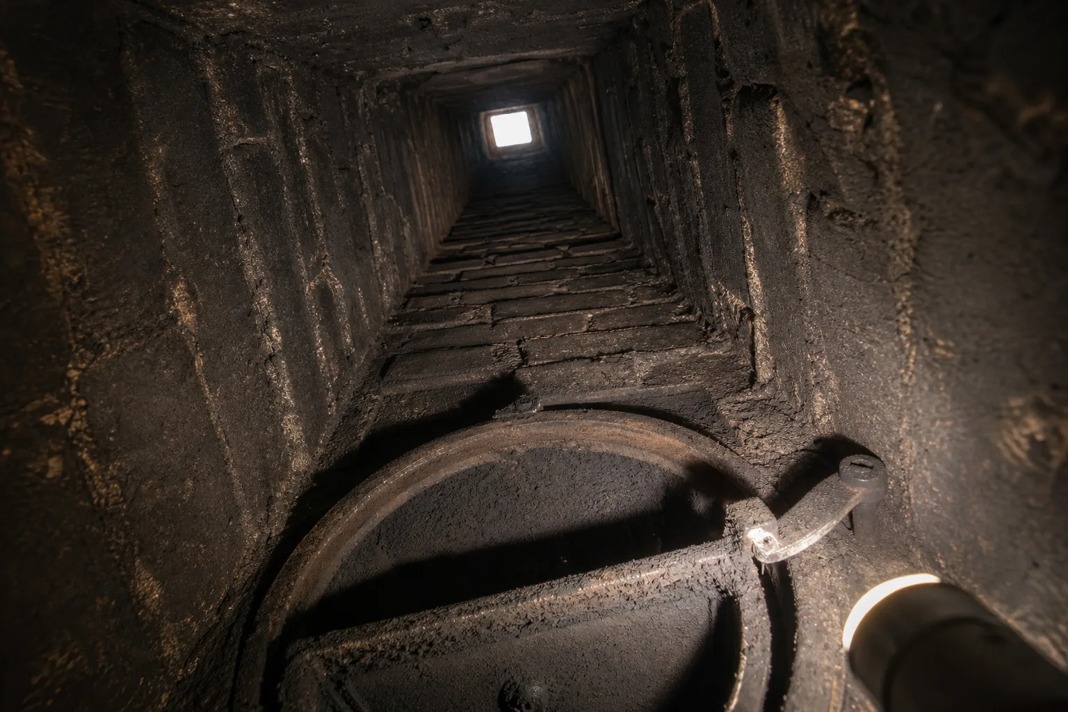 Fireplace safety tips in practice: a flashlight beam up the firebox throat showing an open cast iron damper