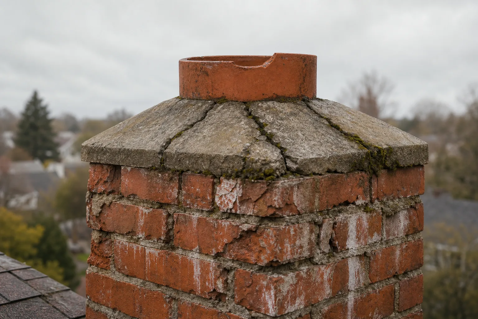 Fireplace safety tips include reading the chimney from the ground: a cracked crown, spalling brick and white staining