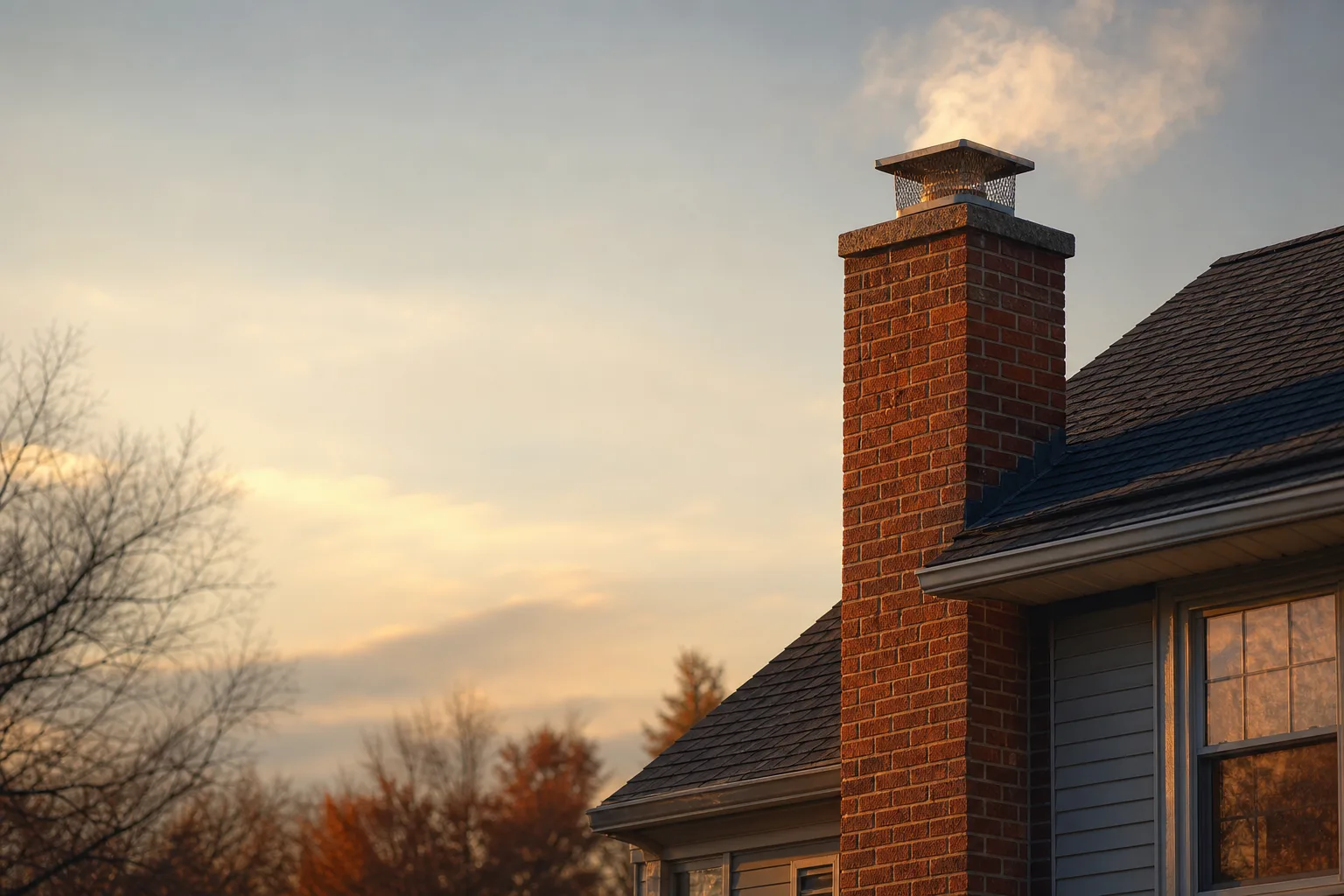 Fireplace safety tips start at the roof: a brick chimney with a stainless cap venting the season's first fire