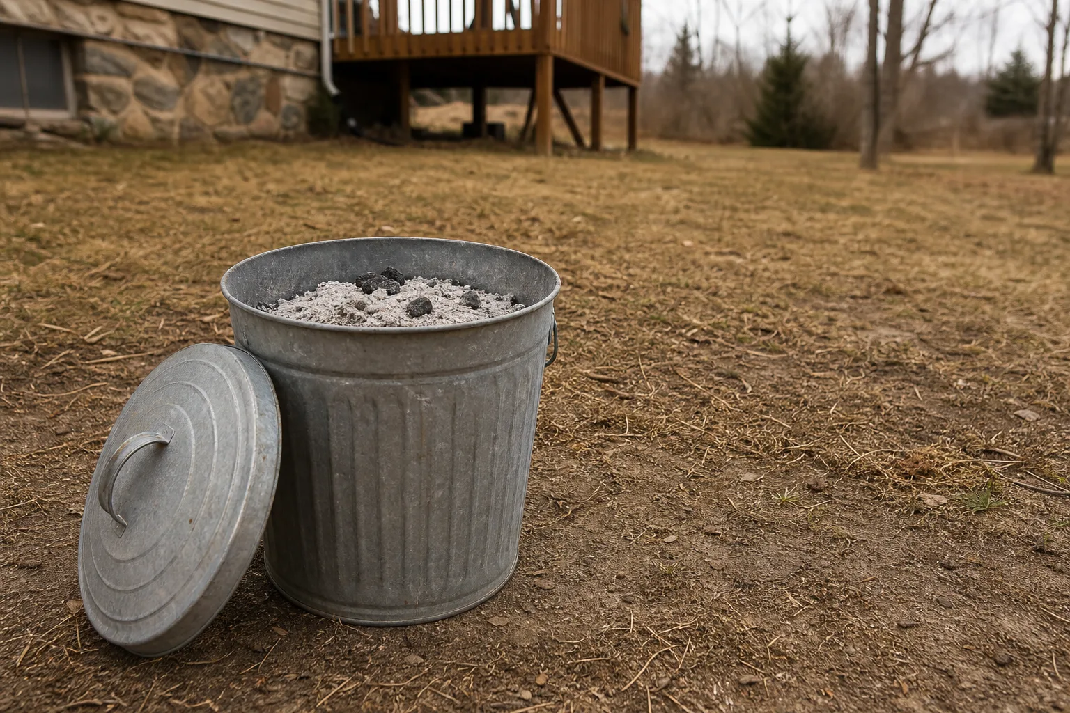 Fireplace safety tips for ash disposal: a lidded metal ash can standing outside on bare ground away from the house