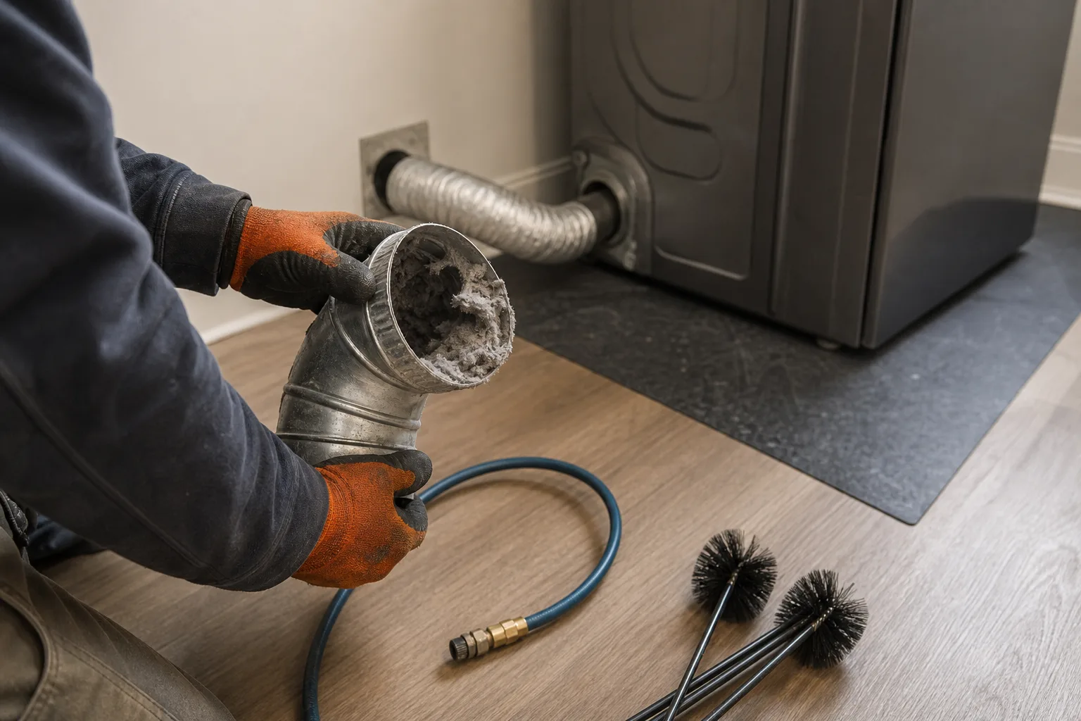 Dryer vent cleaning reveals packed lint remaining inside a disconnected elbow