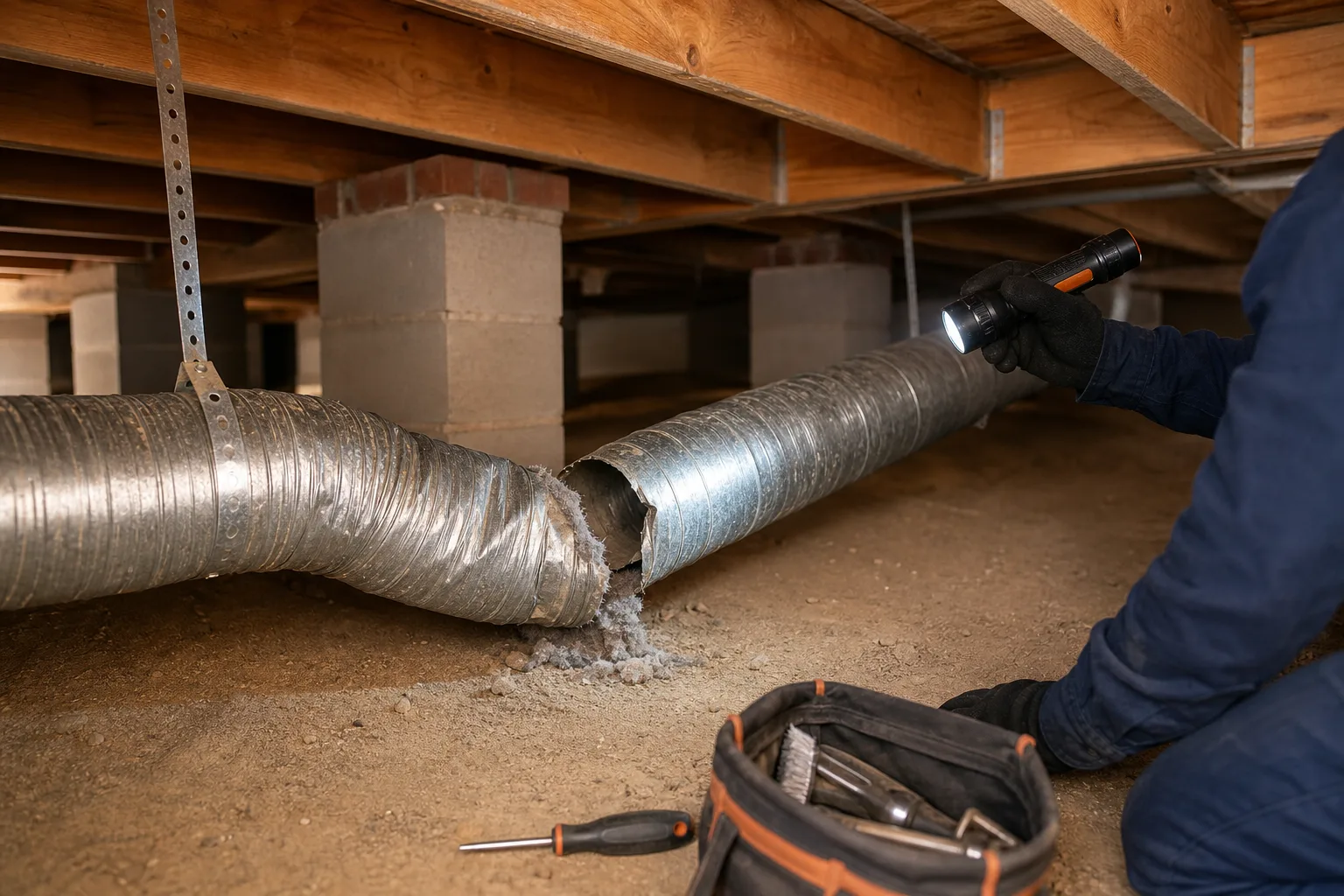 Dryer vent repair inspection finds crushed ductwork beneath an American home