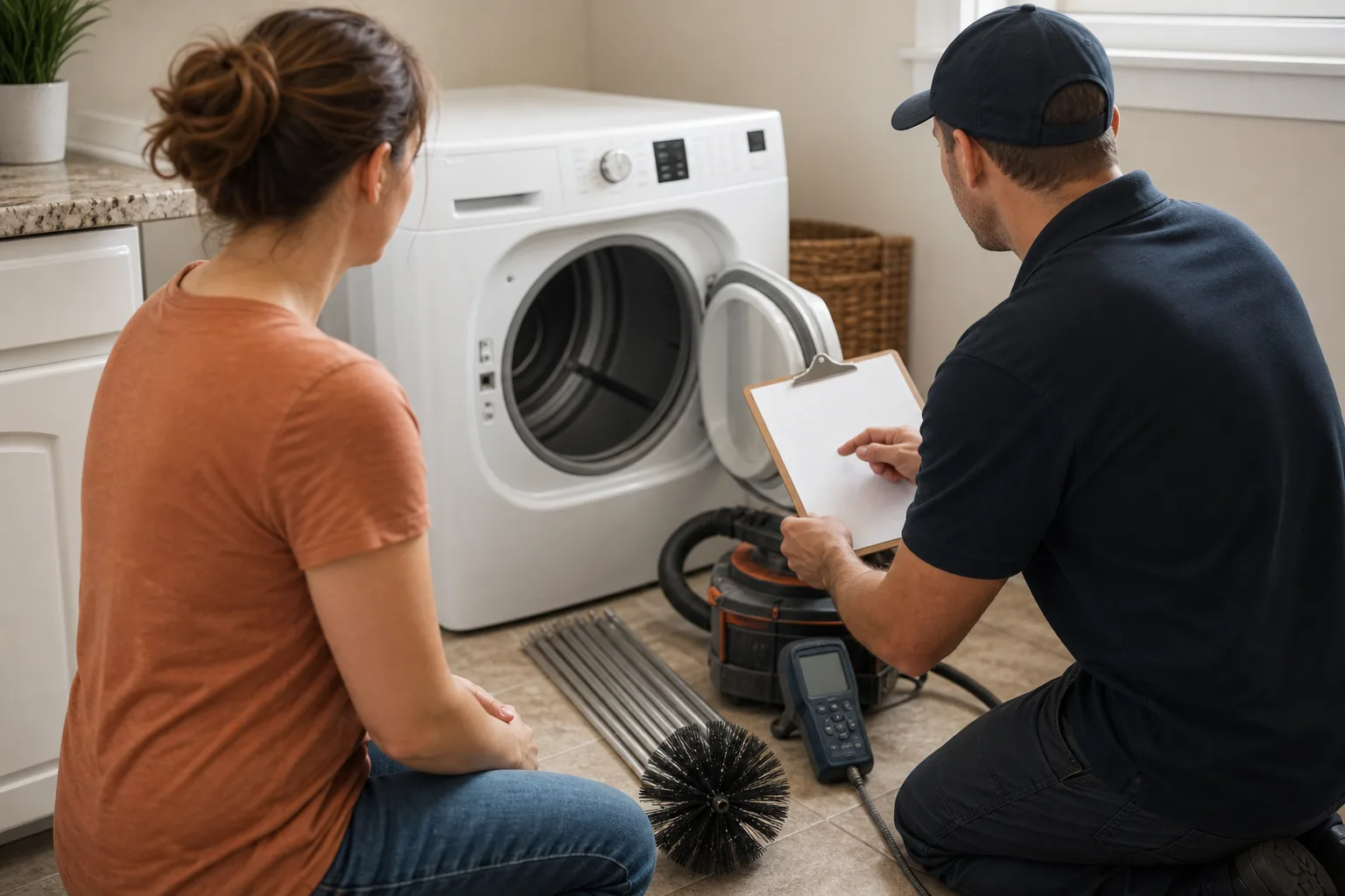 Dryer vent cleaning quote reviewed beside the appliance and service equipment