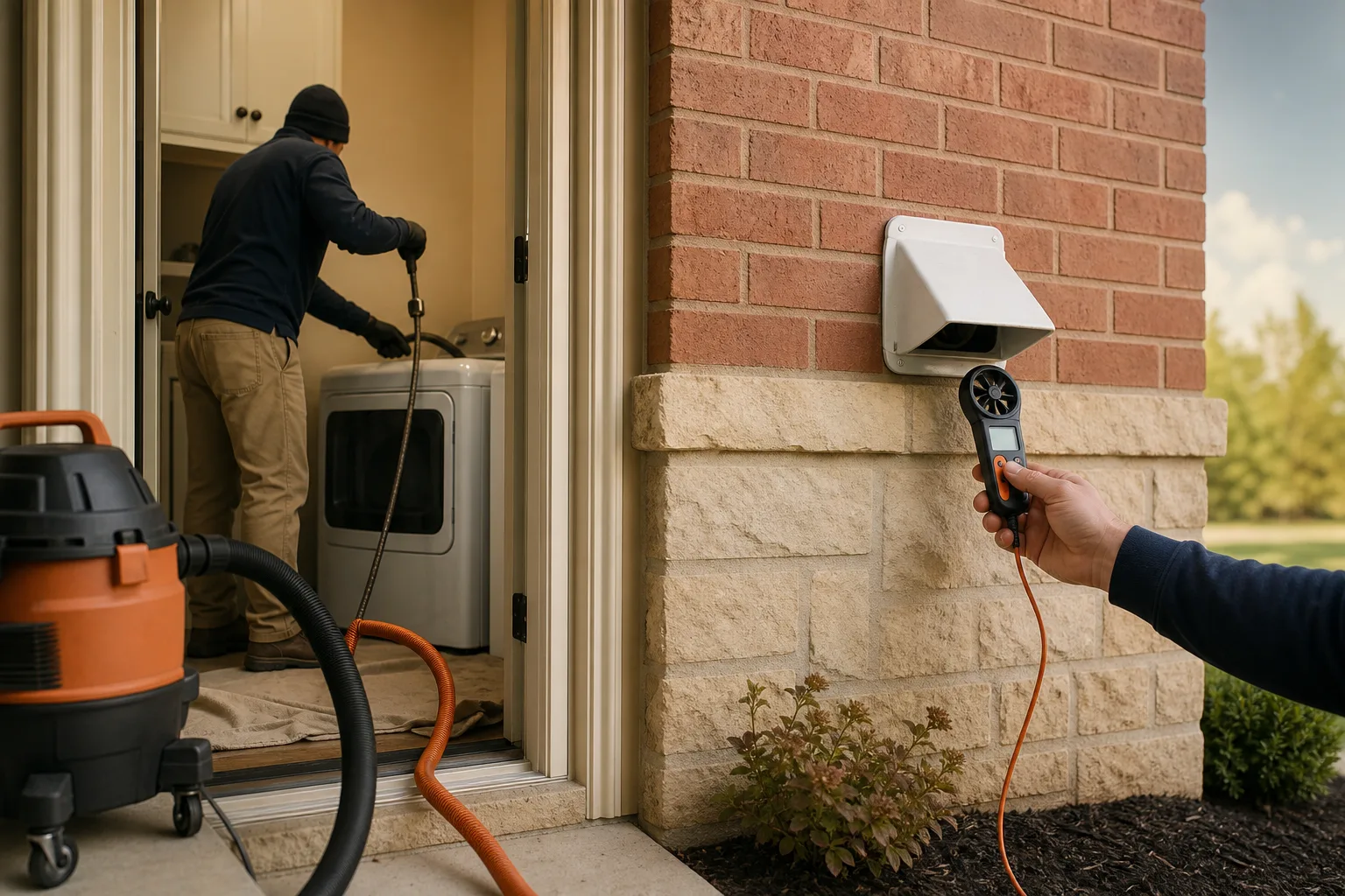 Dryer vent cleaning service includes rotary brushing and exterior airflow measurement