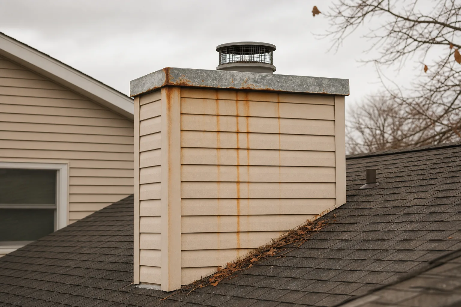 Zero clearance gas fireplace chase above the roofline with a rusted metal chase cover and termination shroud