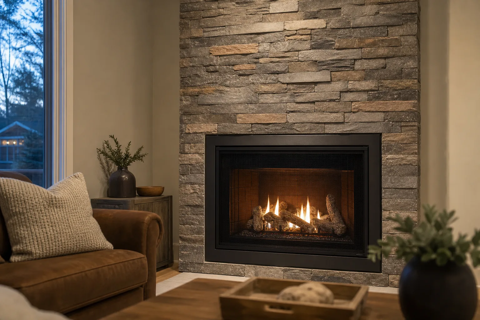 Zero clearance gas fireplace installed in a framed wall with a stacked stone surround and mesh safety barrier screen