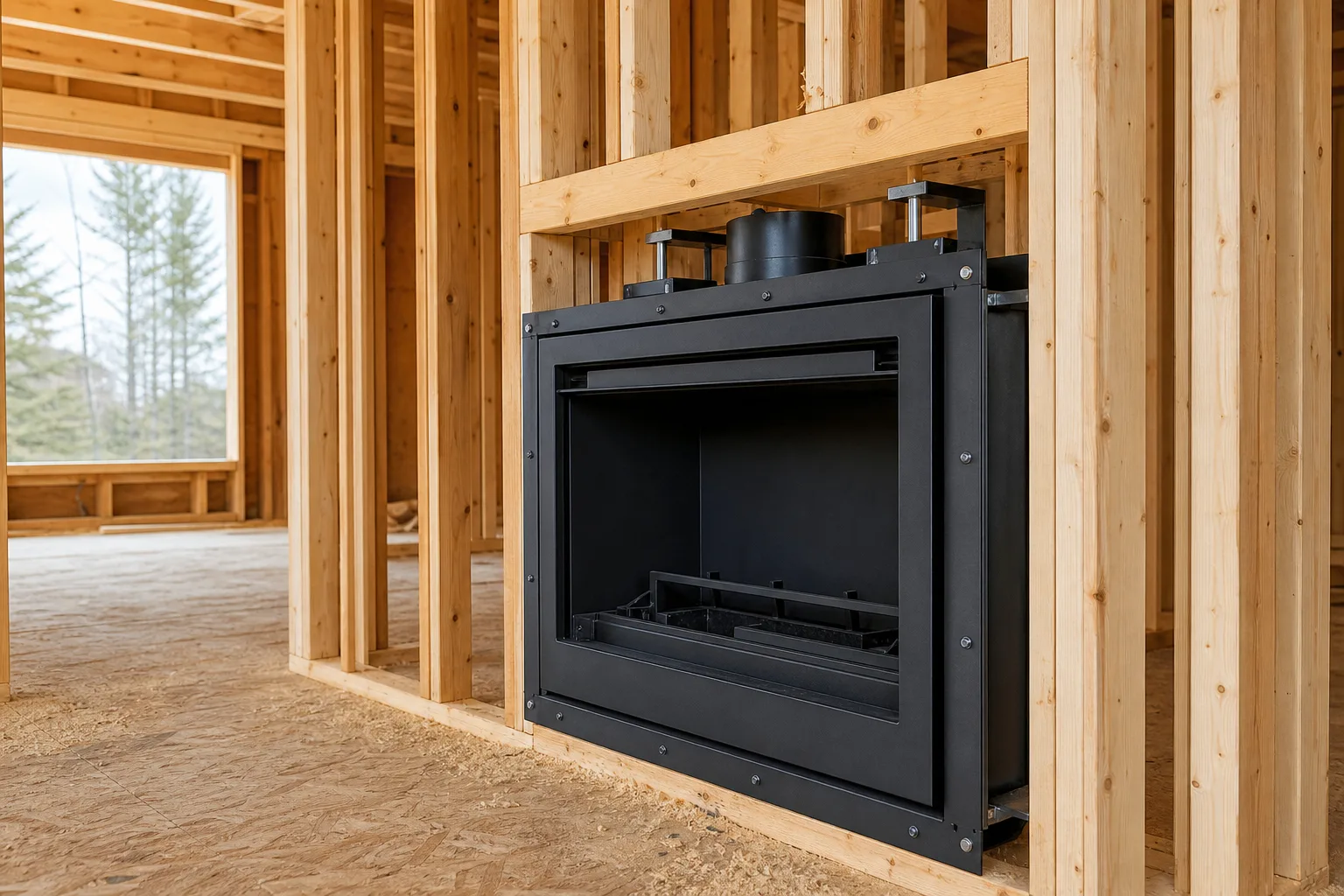 Zero clearance gas fireplace firebox fastened into open wood framing before drywall, nailing flanges visible