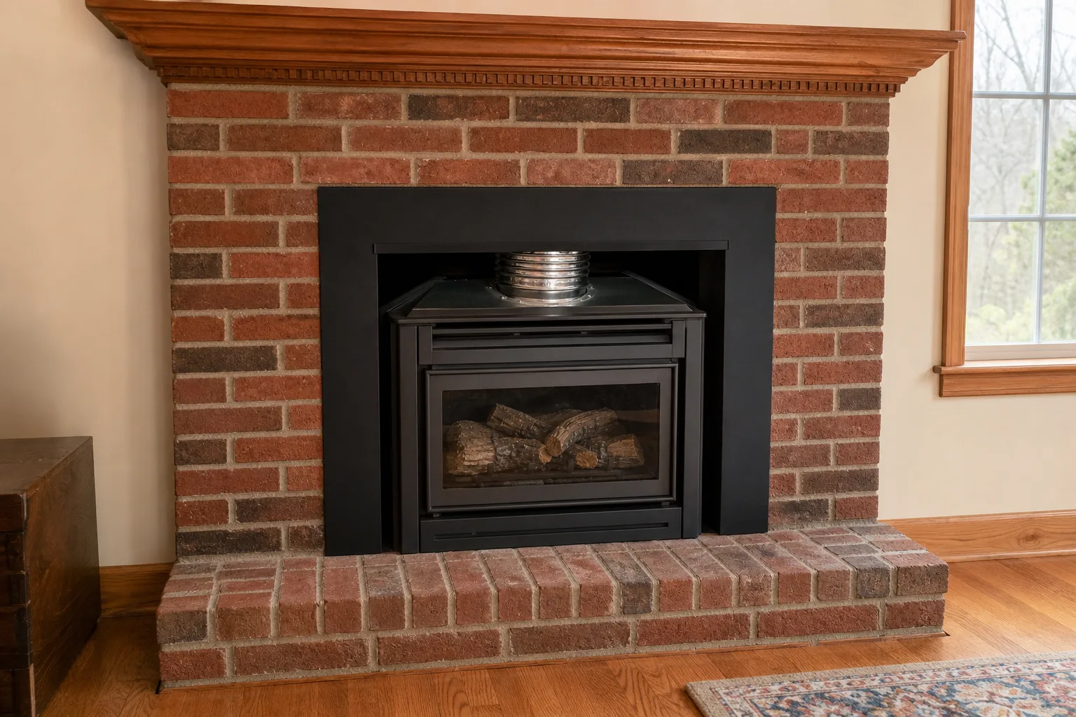 Zero clearance gas fireplace compared with a gas insert seated inside an existing brick masonry fireplace opening