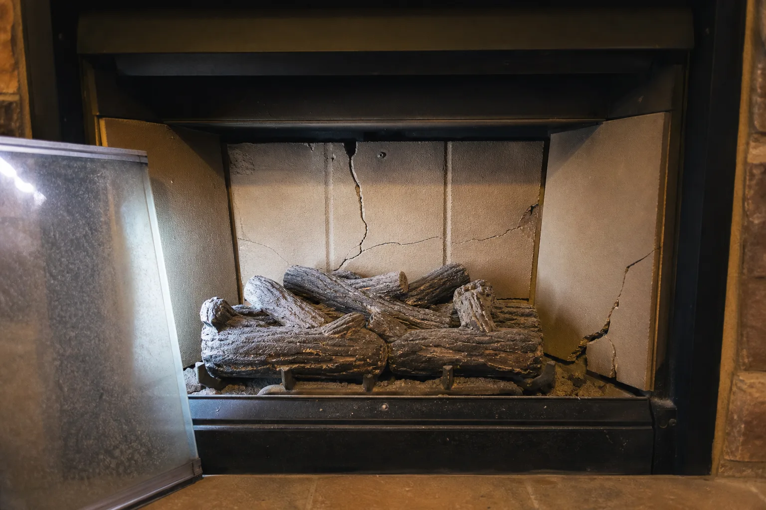 Zero clearance gas fireplace firebox in typical worn condition with cracked refractory panels and hazy glass