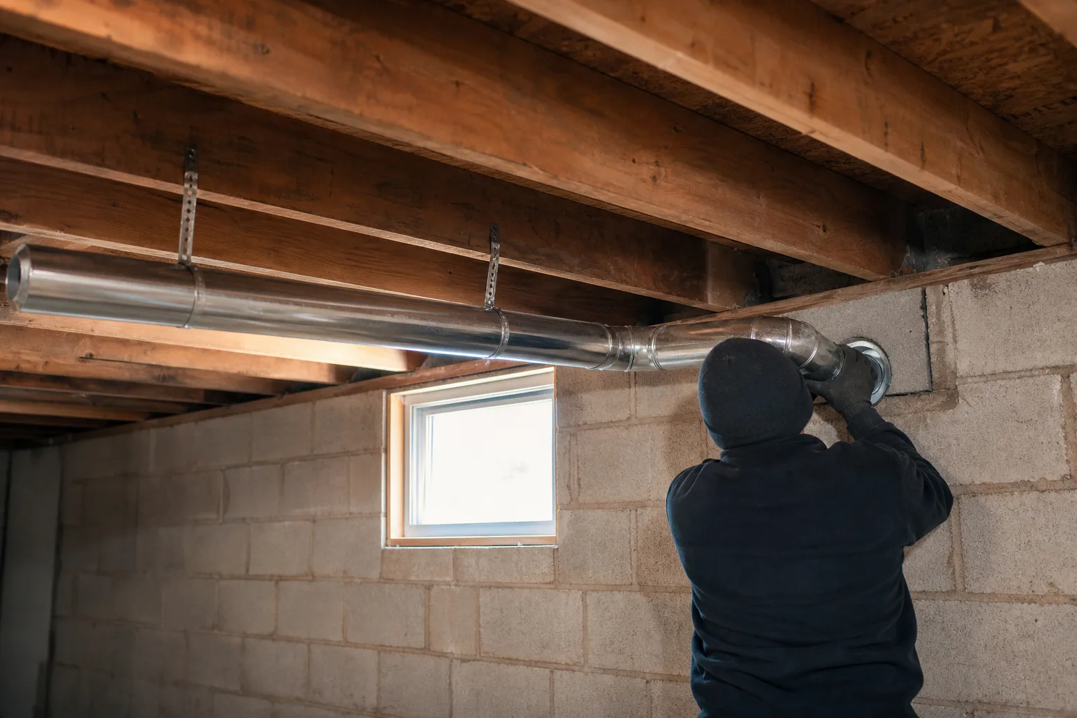Dryer vent rerouting technician installing a shorter rigid metal path through a basement