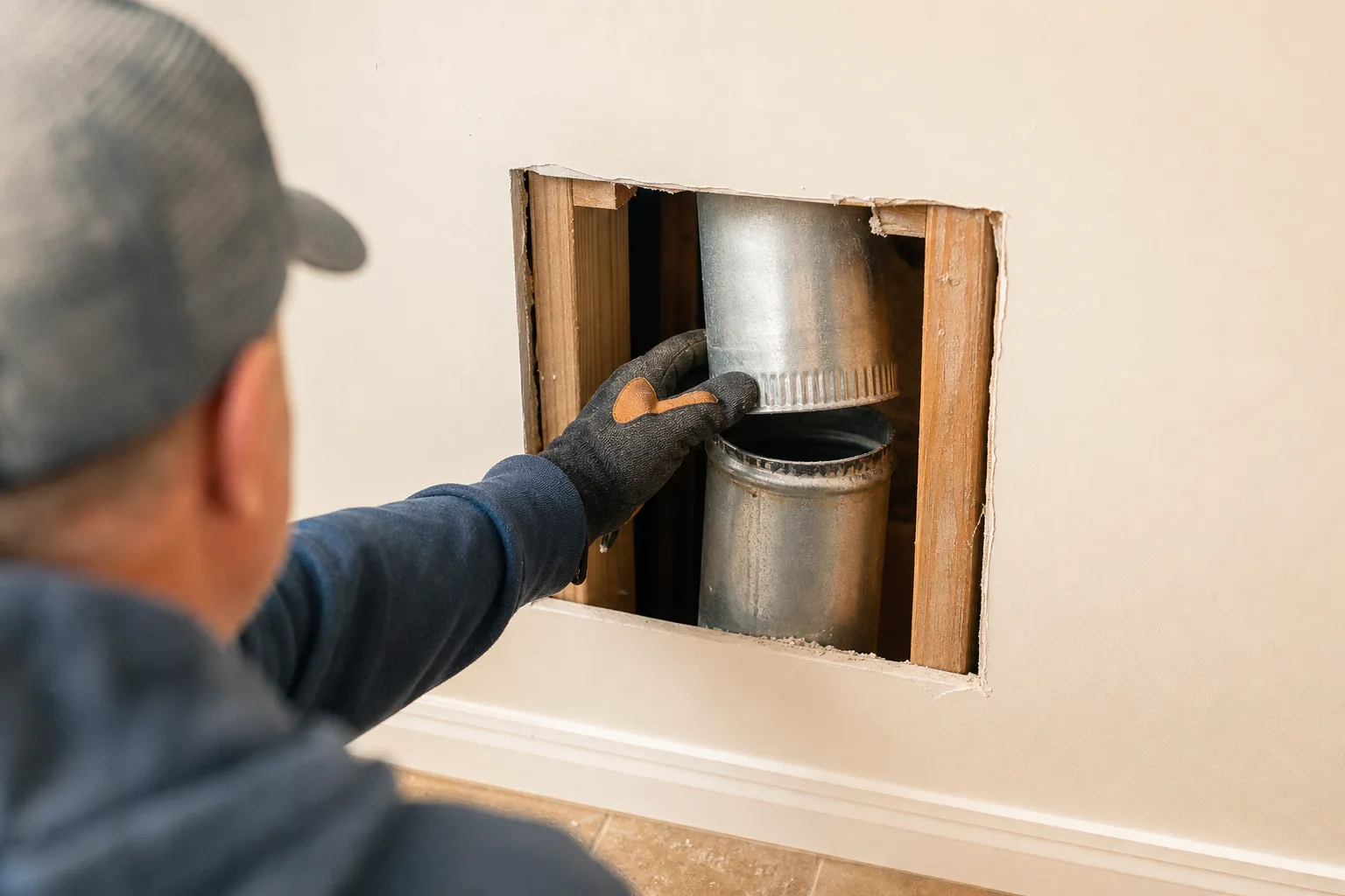 Dryer vent failure exposed where a metal duct joint separated inside a wall