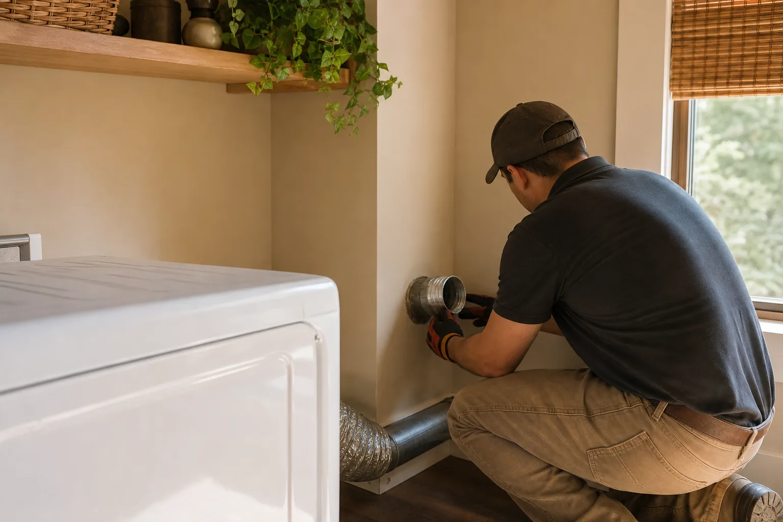 Dryer vent repair begins with a technician examining a loose connector behind a dryer
