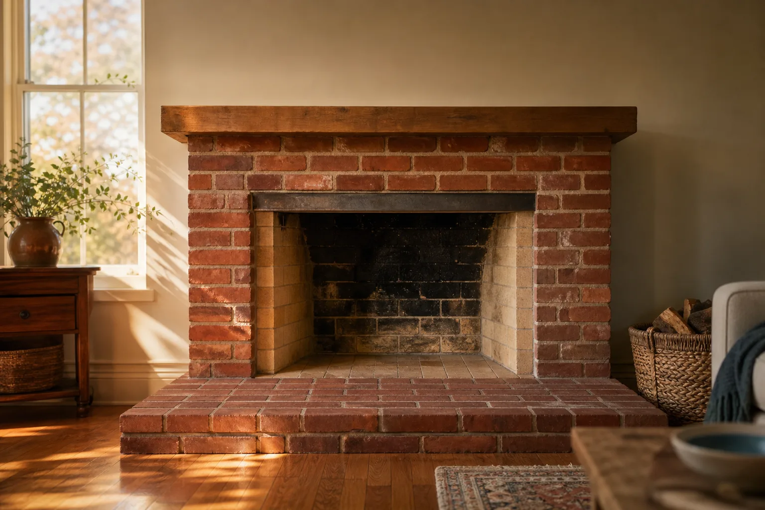 What is the bottom of a fireplace called: masonry firebox floor and brick hearth extension in a living room