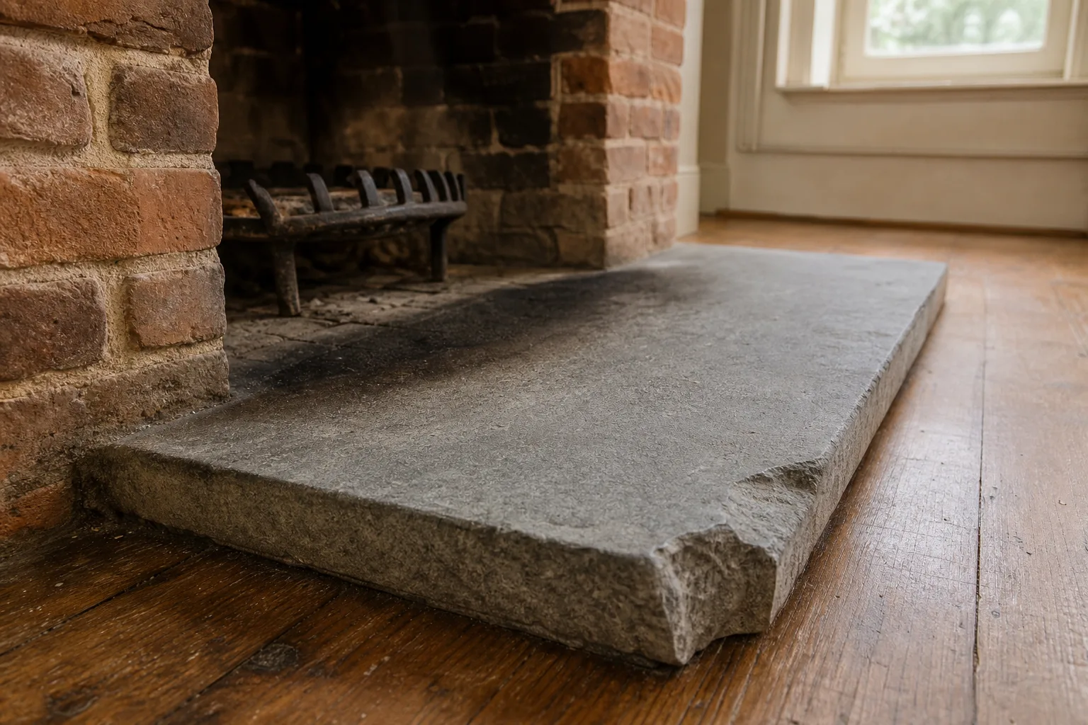What is the bottom of a fireplace called out in the room: bluestone hearth extension with scorch marks