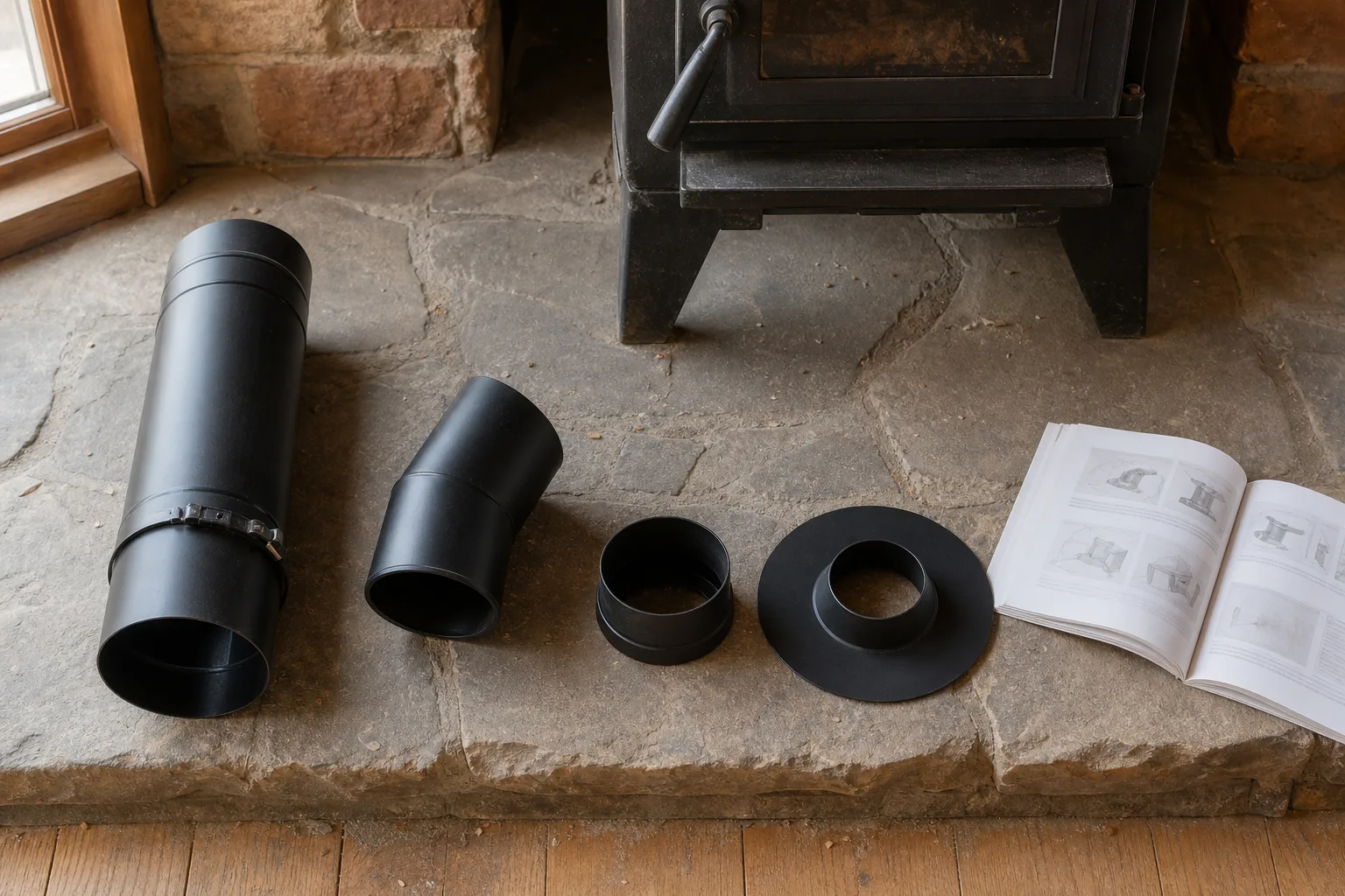 double wall chimney pipe parts laid out on a hearth including a telescoping section and an elbow