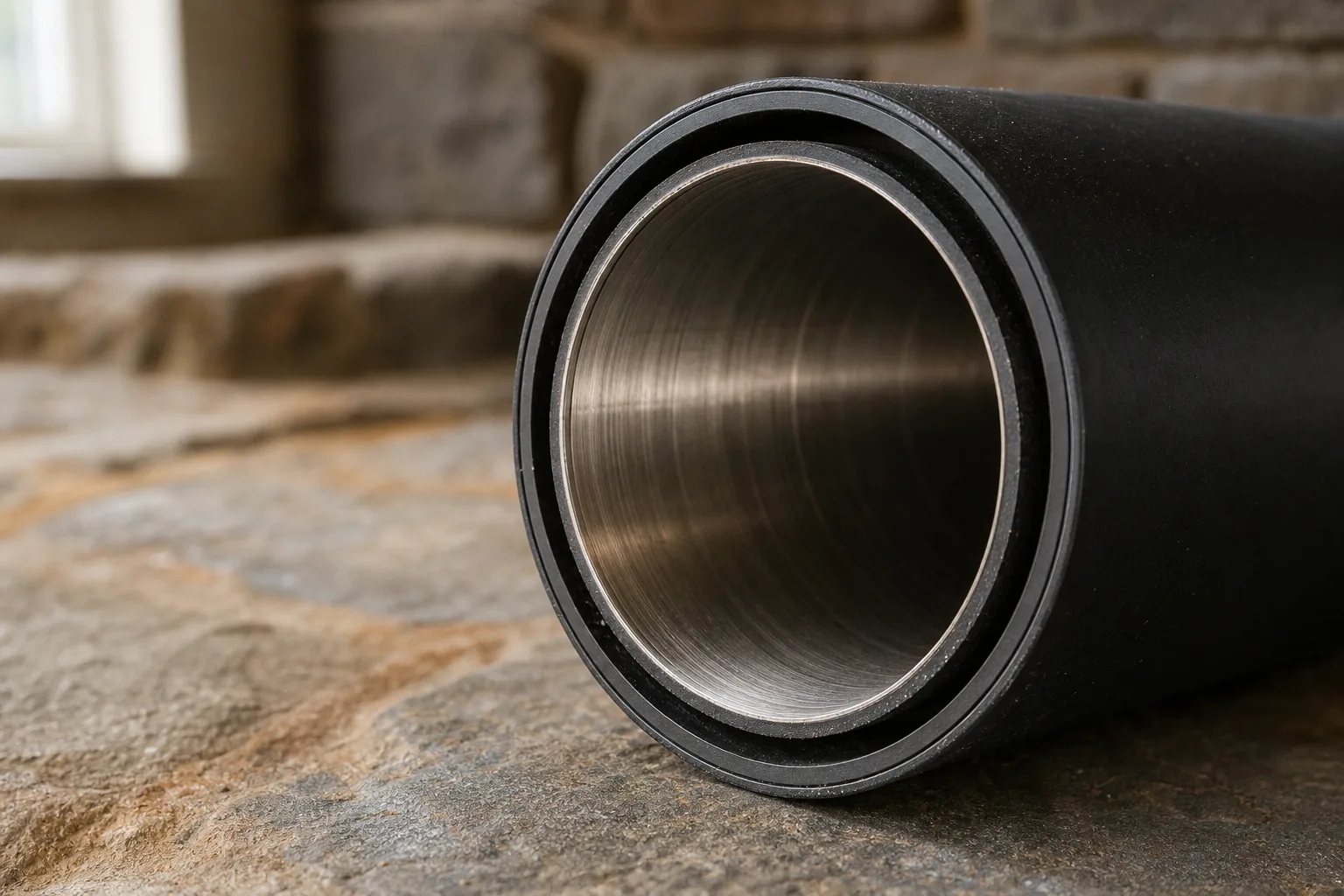 double wall chimney pipe cut end showing the stainless inner wall, air gap and black outer wall