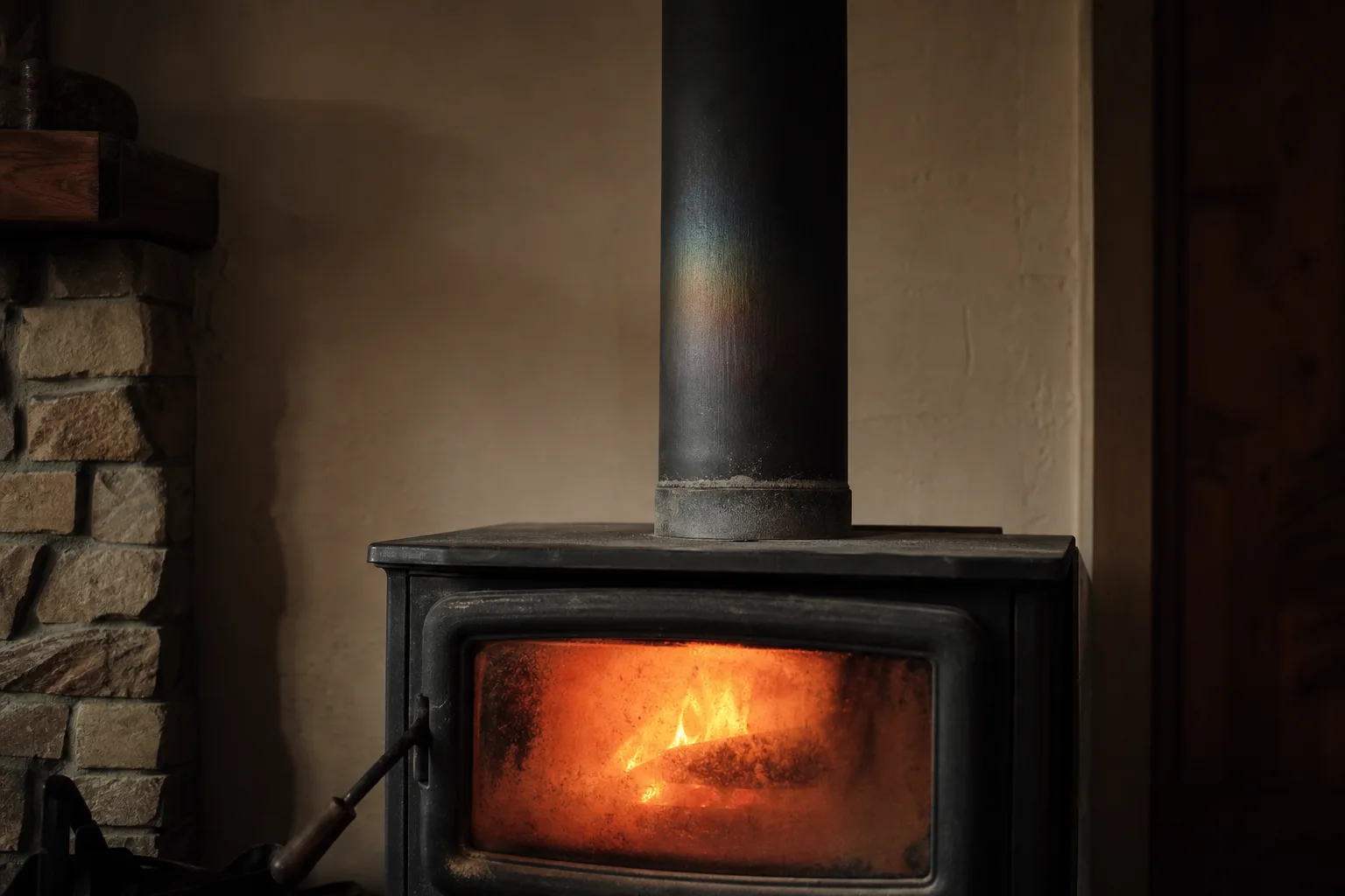 double wall chimney pipe above a burning wood stove showing normal heat discolouration near the collar
