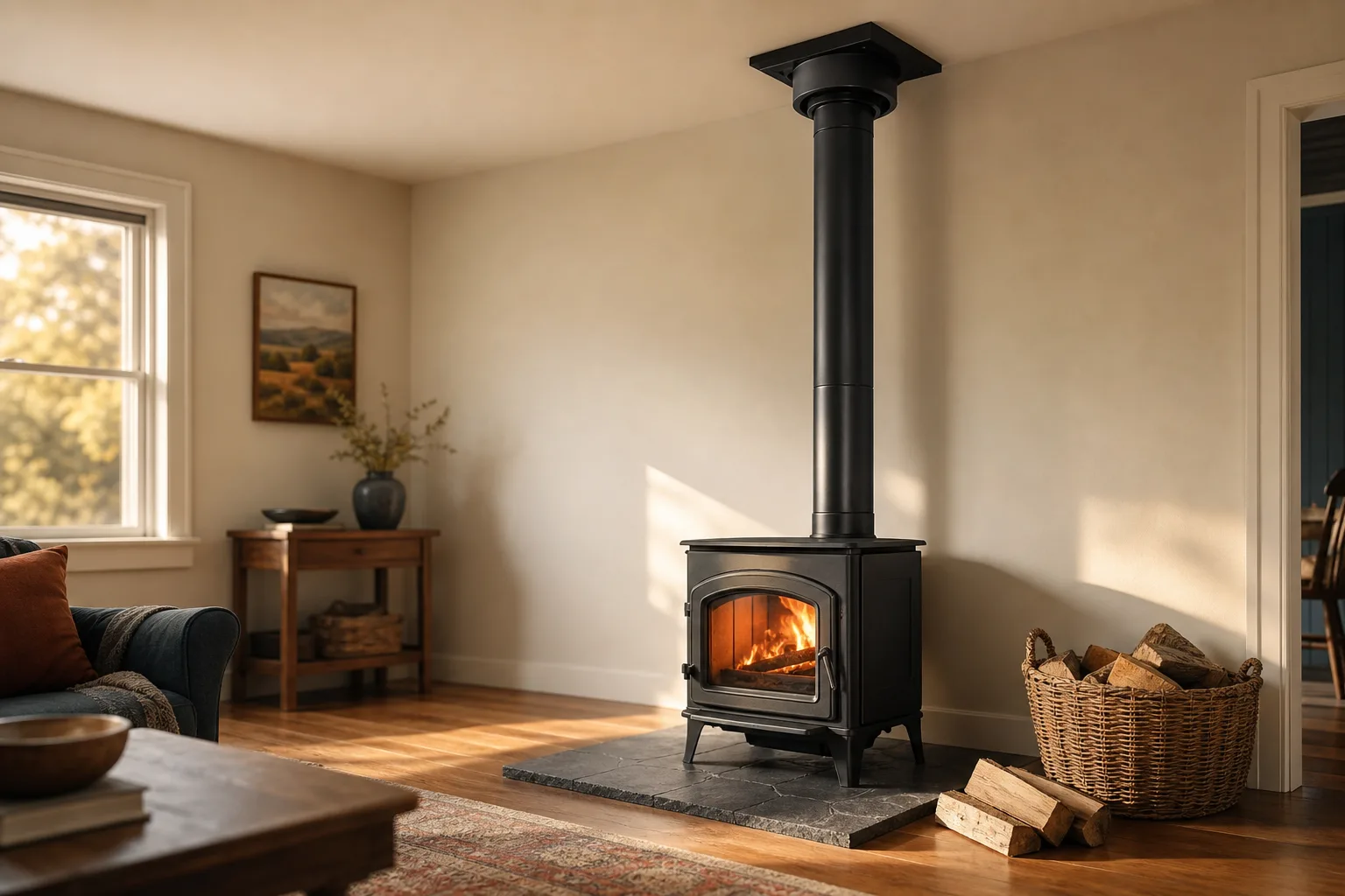 double wall chimney pipe in matte black running from a wood stove up to a ceiling support box